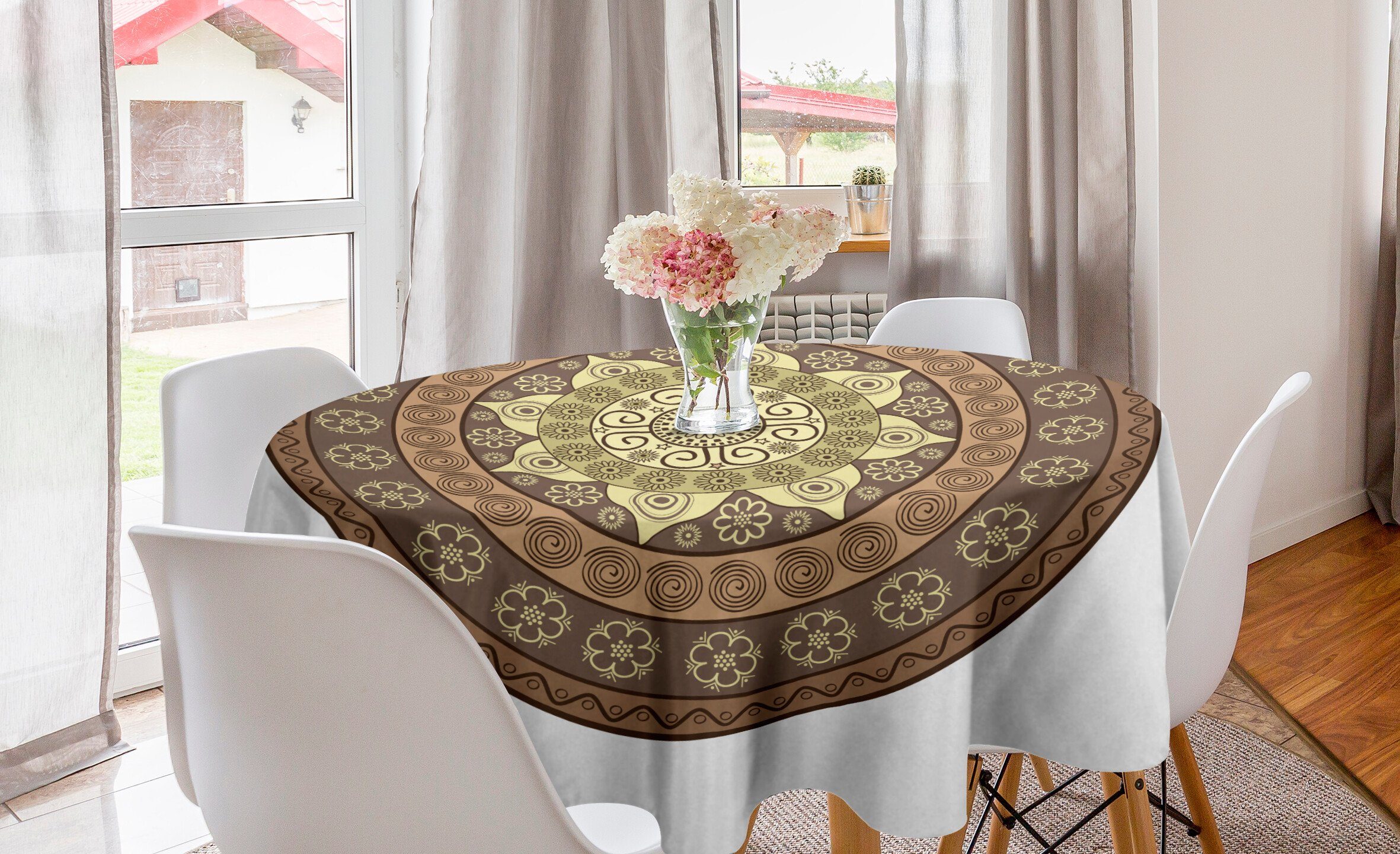 Abakuhaus Tischdecke Kreis Tischdecke Abdeckung für Esszimmer Küche Dekoration, Brown Mandala Simplistic Ornament