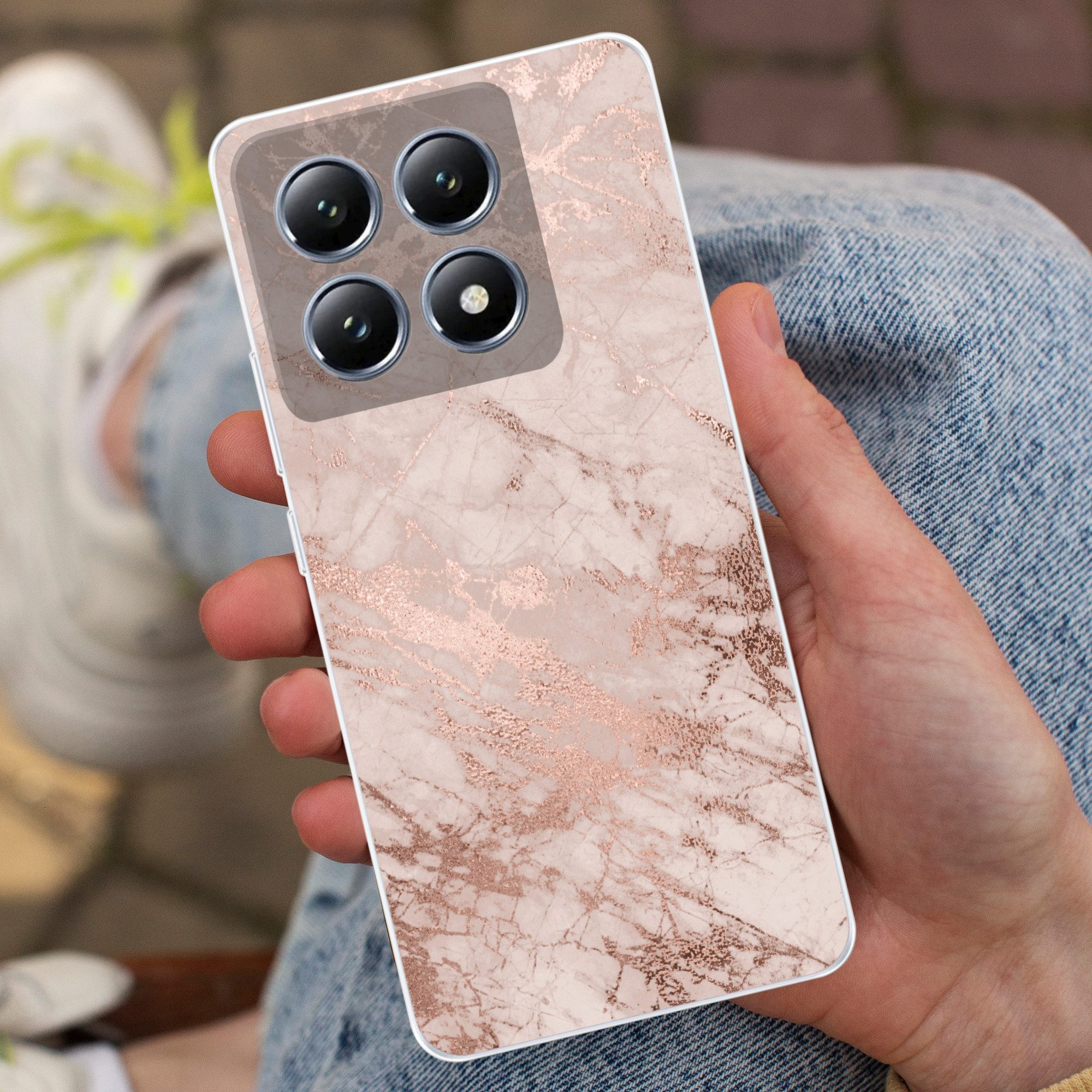 MuchoWow Handyhülle für Xiaomi 14T Marmor - Rosa - Luxus - Marmoroptik - Glitzer - Design, Handy Case, Silikon, Bumper Case Dünn