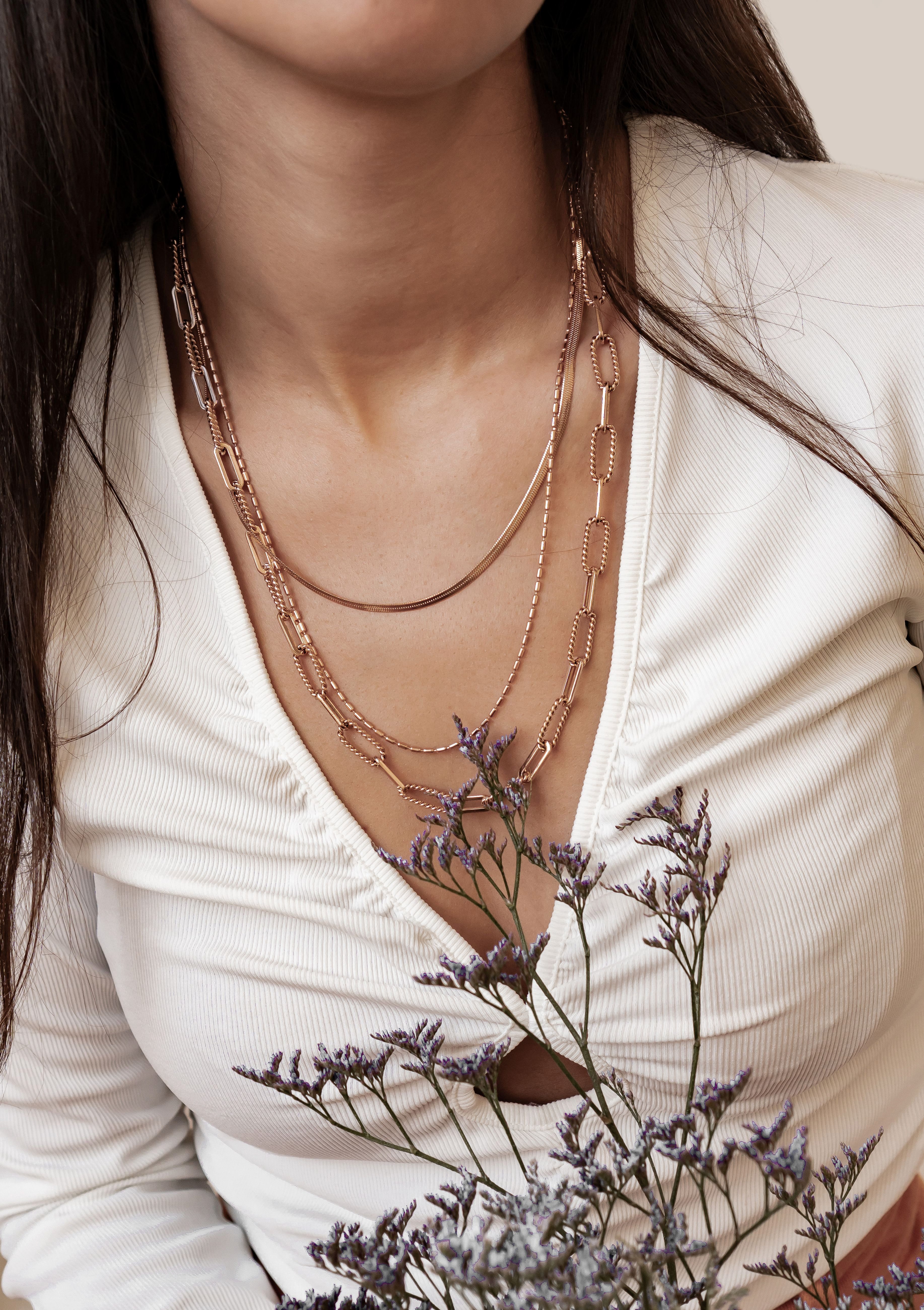 Hey Happiness Collier Stilvolles Trio, Schlangen, Link & Paperclip Kette, Mehrreihige Trio Layer Halskette Damen, wasserfest