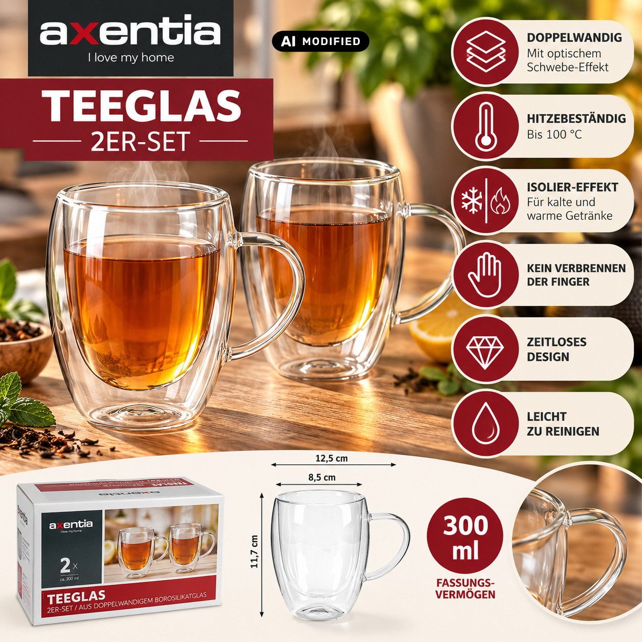 axentia Teeglas 2er Set Teegläser mit Hengel Henkelglas Trinkglas Trinkgläser, Borosilikatglas, doppelwandig isoliert, mit optischem Schwebe-Effekt – Bild 2 von 5