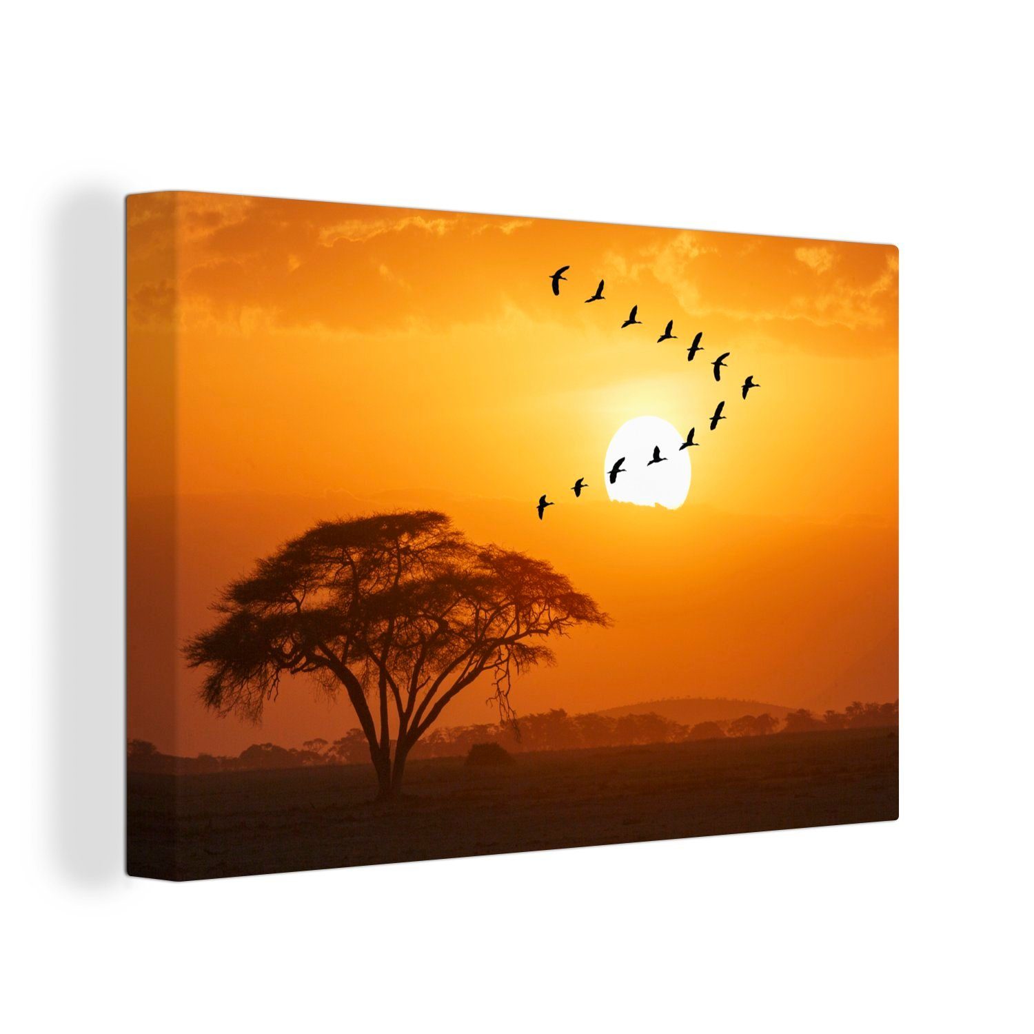OneMillionCanvasses® Leinwandbild Ein Schwarm (1 bei in, Wandbild fliegt Leinwandbilder, cm St), Nilgänse Aufhängefertig, in 30x20 Sonnenuntergang Wanddeko, V-Formation