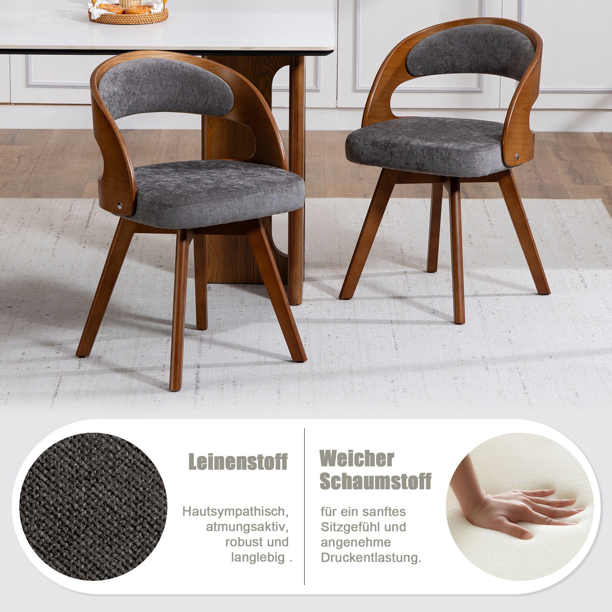BlingBin 4-Fußstuhl Holz Esszimmerstuhl 360° Drehbar Polsterstuhl (Stuhl, 2 St), mit Baumwoll-Leinen-Kissen & geschwungener Rückenlehne, für Wohnzimmer
