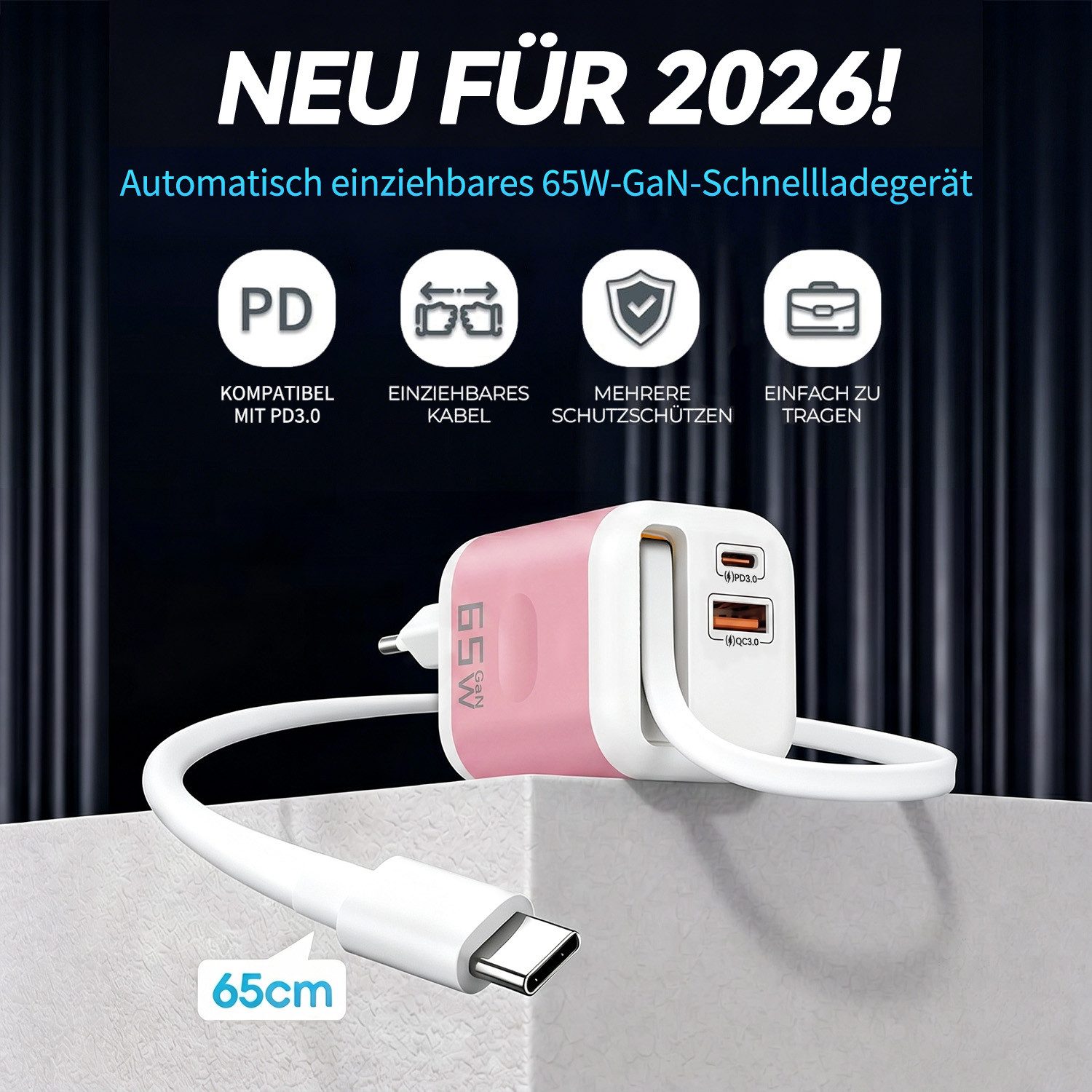 SWGOTA 2026 Neues 65W GaN 3-Port USB C Ladegerät mit Einziehbarem Kabel USB-Ladegerät (65W Schnellladegerät, 3-in-1 USB Netzteil, PD 3.0 Power Adapter, Unterstützt Super Fast Charging bei Einzelportnutzung)