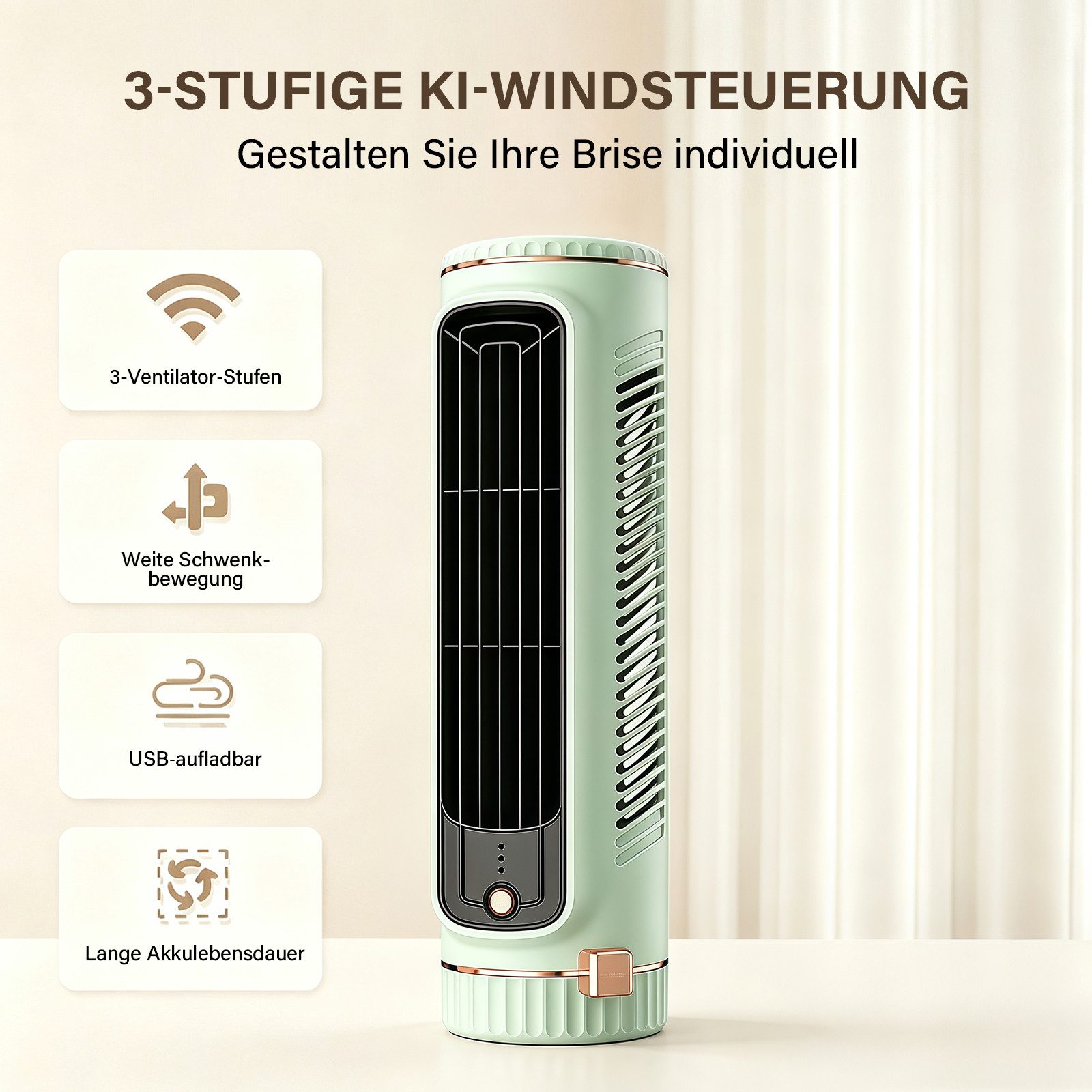 MOPUEA Turmventilator Tischventilator Turmventilator Naturwind 3 Stufen Kabellos Kompakt, 3 Stufen, Naturwind, Akku, USB-C, rutschfester Stand