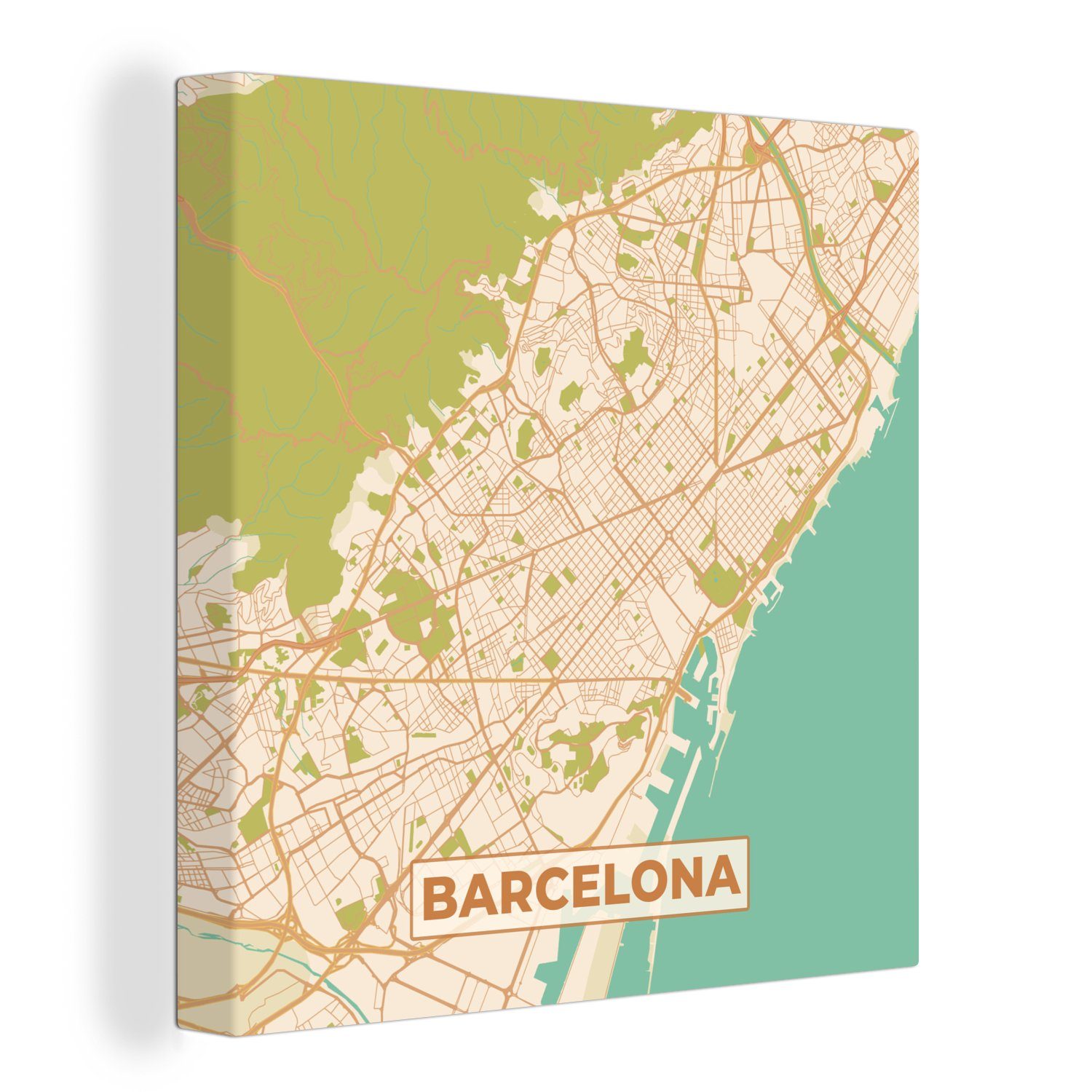 Barcelona Stadtplan St), (1 Schlafzimmer Vintage, Wohnzimmer Leinwandbild - für - - Bilder Leinwand OneMillionCanvasses® Karte