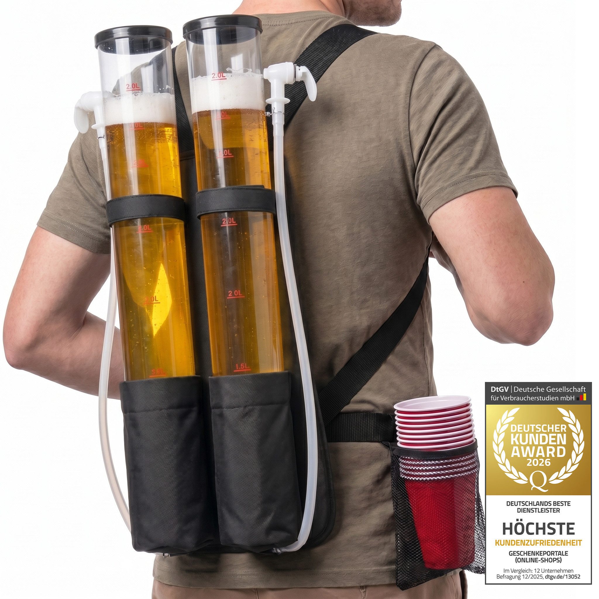 Goods+Gadgets Getränkespender GOODS+GADGETS 3L Bier Spender – Party Getränke Rucksack mit Zapfhahn, Getränkerucksack 1 x 3 Liter