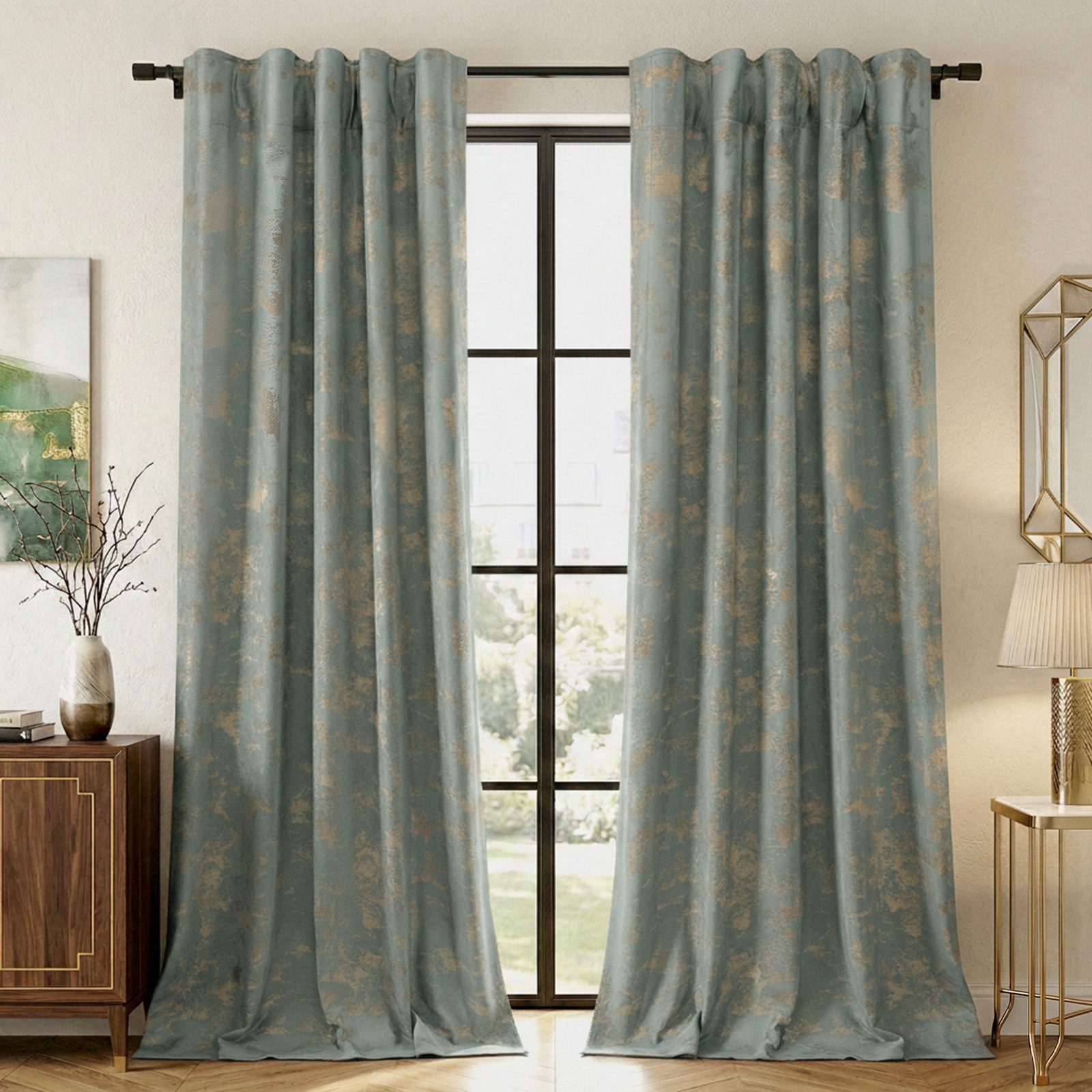 Lapamax Verdunkelungsvorhang Samt-Verdunkelungsvorhang im 2er-Set, 132 cm breit, mit Goldprint (2 St), Multifunktionsband, blickdicht, Samt, Multifunktionsband mit Bindebändern, schonend waschbar und praktisch