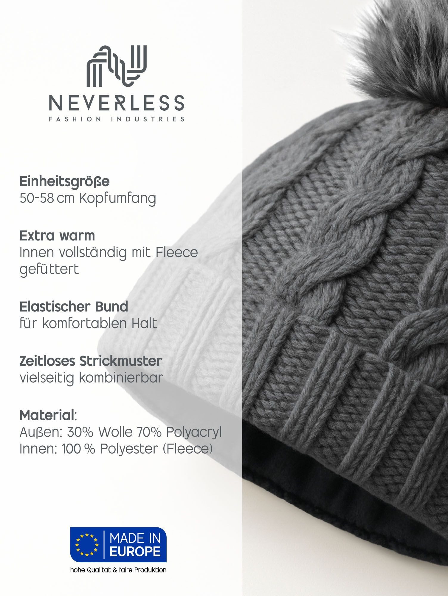 Neverless Strickmütze Damen Strickmütze mit Fleecefutter und Kunstfell Bommel Zopfmuster