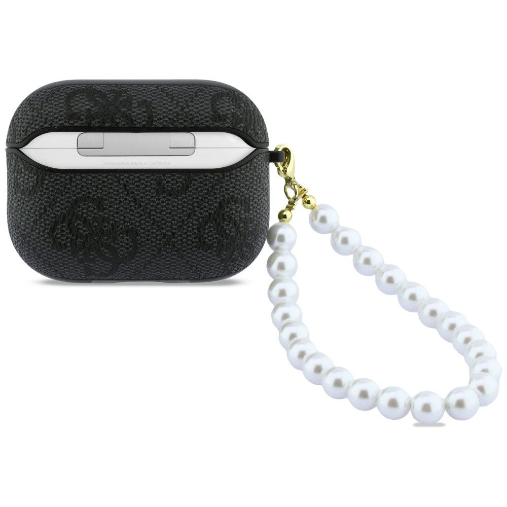 Guess Kopfhörer-Schutzhülle Case AirPods Pro 3 Kunstleder grau Logo goldfarben mit Kette, Kantenschutz