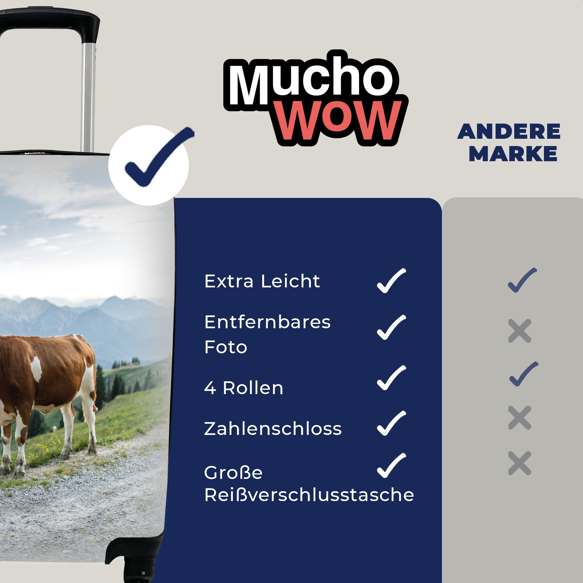 MuchoWow Handgepäckkoffer Alpen - Kuh Handgepäck rollen, Reisekoffer 4 Ferien, - für Braun, Reisetasche Rollen, Trolley, mit