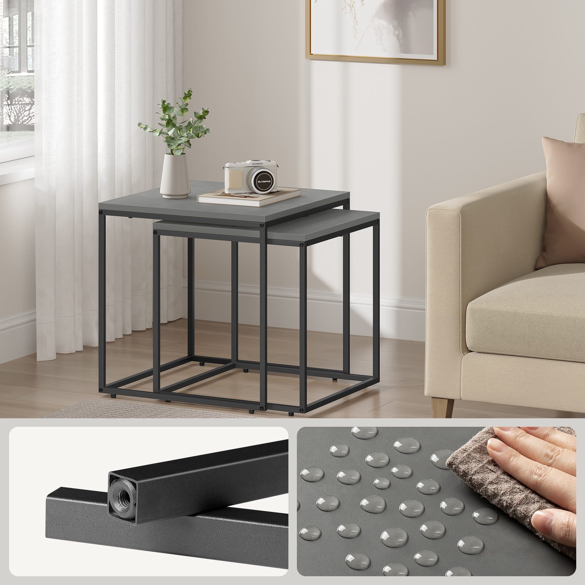 Home Collective Couchtisch 2er Set Beistelltisch Loft Design 2in1 Verschachtelung Wohnzimmer, kratzfeste Oberfläche 50&45cm Zement-Grau schwarzen Beinen quadrat – Bild 4 von 5