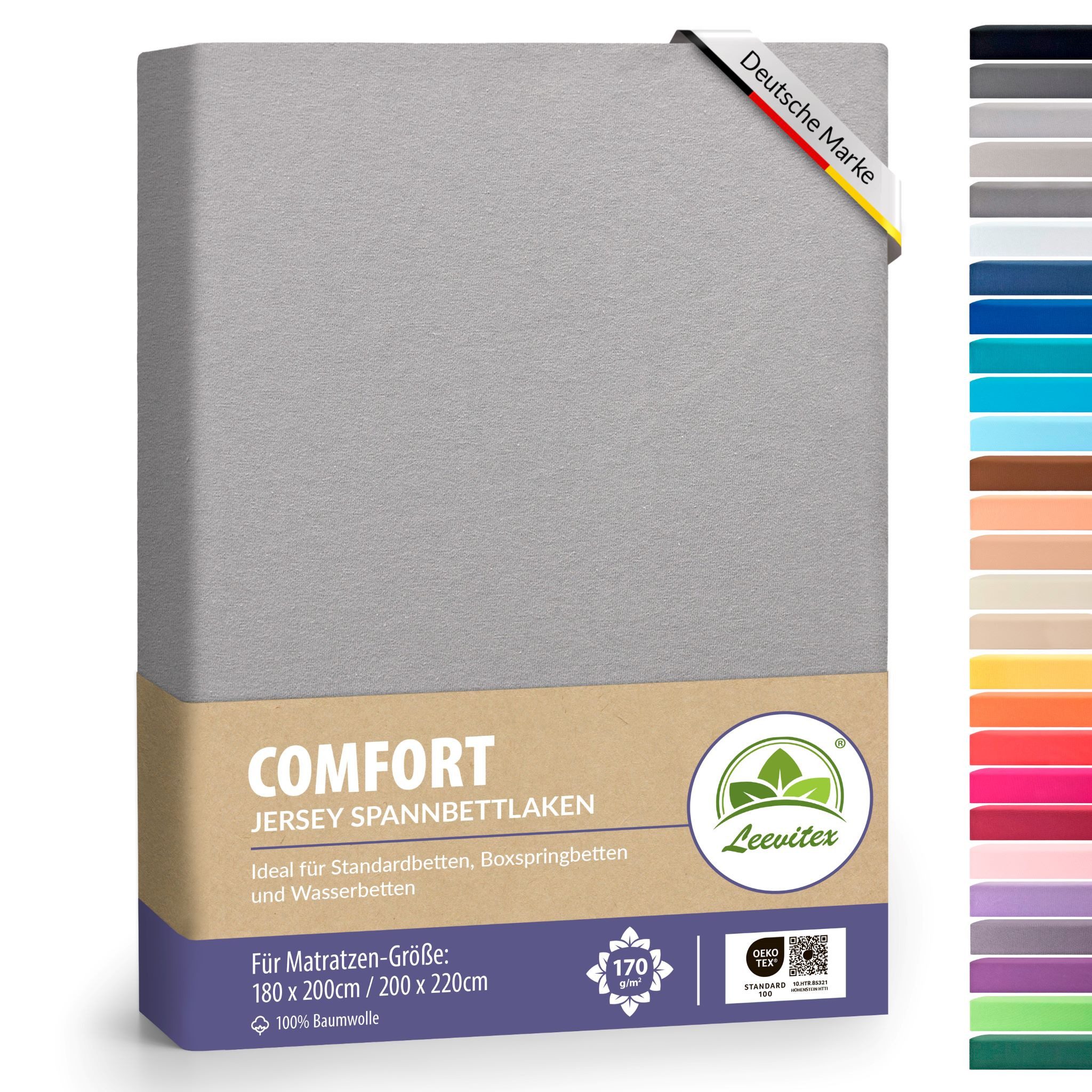 leevitex® Spannbettlaken 180x200 cm - 200x220 cm, Stoffgewicht 170 g/m², 40 cm Steghöhe, Jersey, Gummizug: rundum, (1 Stück), verschiedene Farben, OEKO-TEX® STANDARD 100 zertifiziert