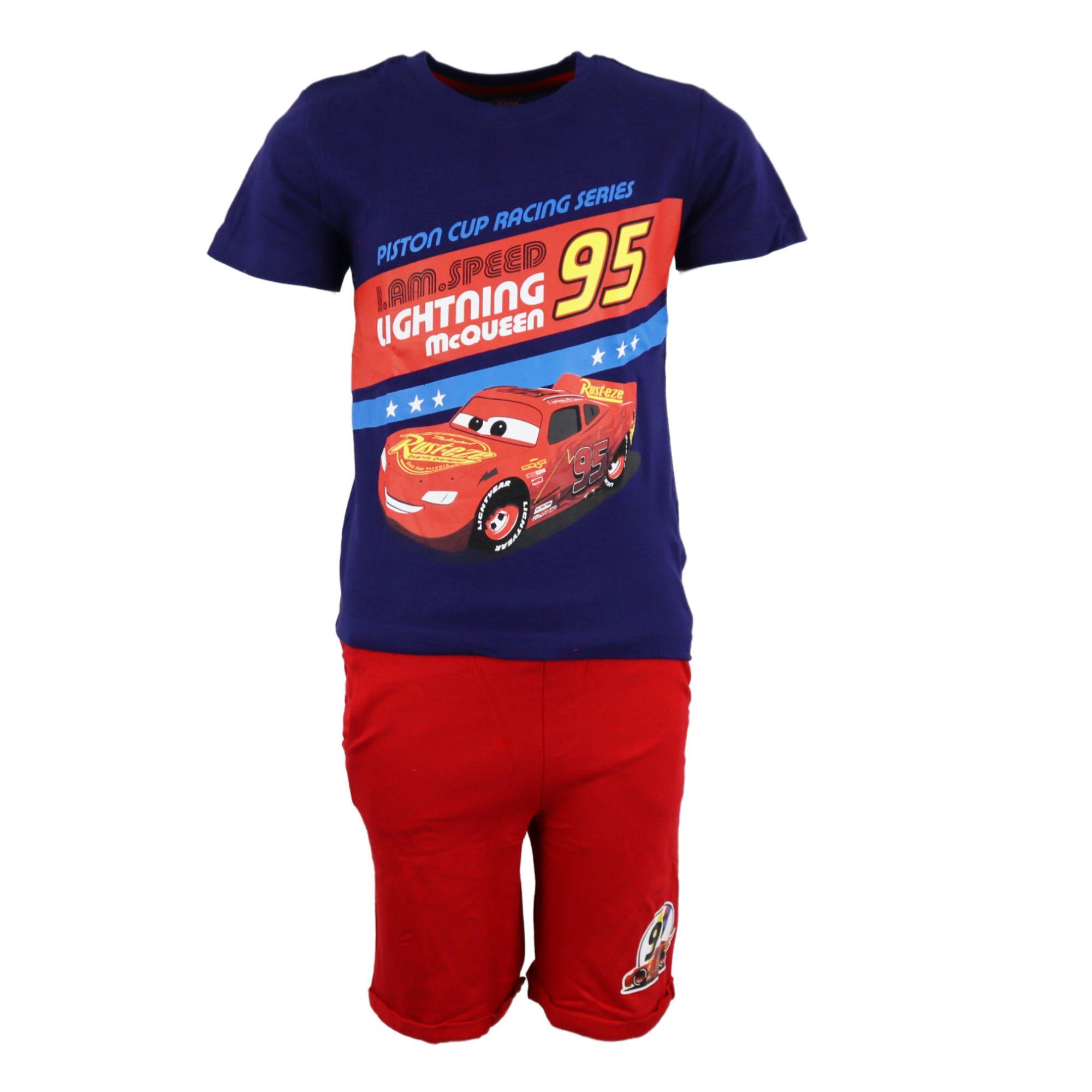 Disney Cars Print-Shirt Lightning McQueen Jungen Sommer Set Shirt plus Shorts Gr. 98 bis 128, 100% Baumwolle Blau
