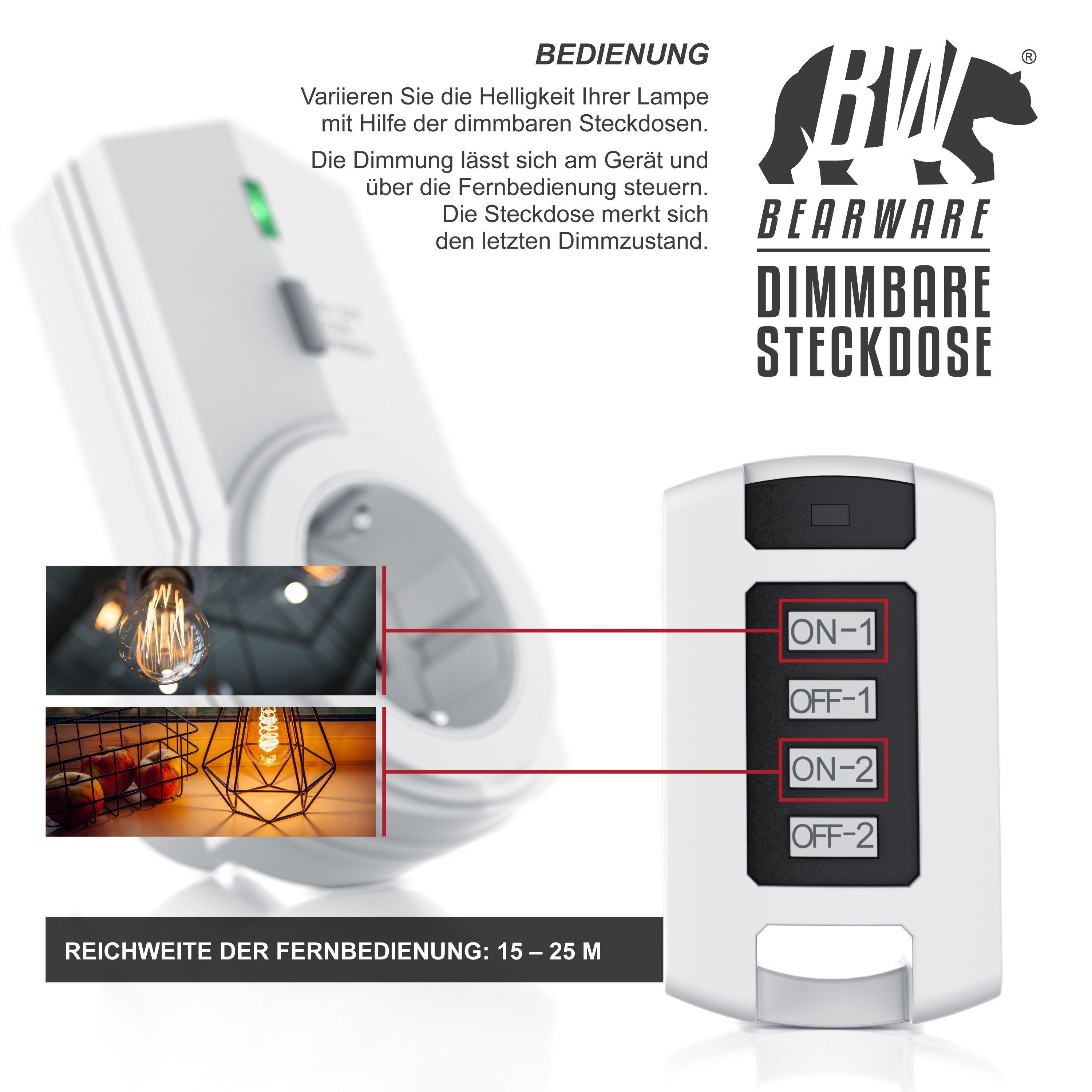 BEARWARE Funksteckdose Dimmbare Funk Steckdosen 2er Set mit Fernbedienung, IP20, 1-St., für den Innenbereich / Indoor, integrierter Berührungsschutz, Dimmbar – Bild 4 von 5