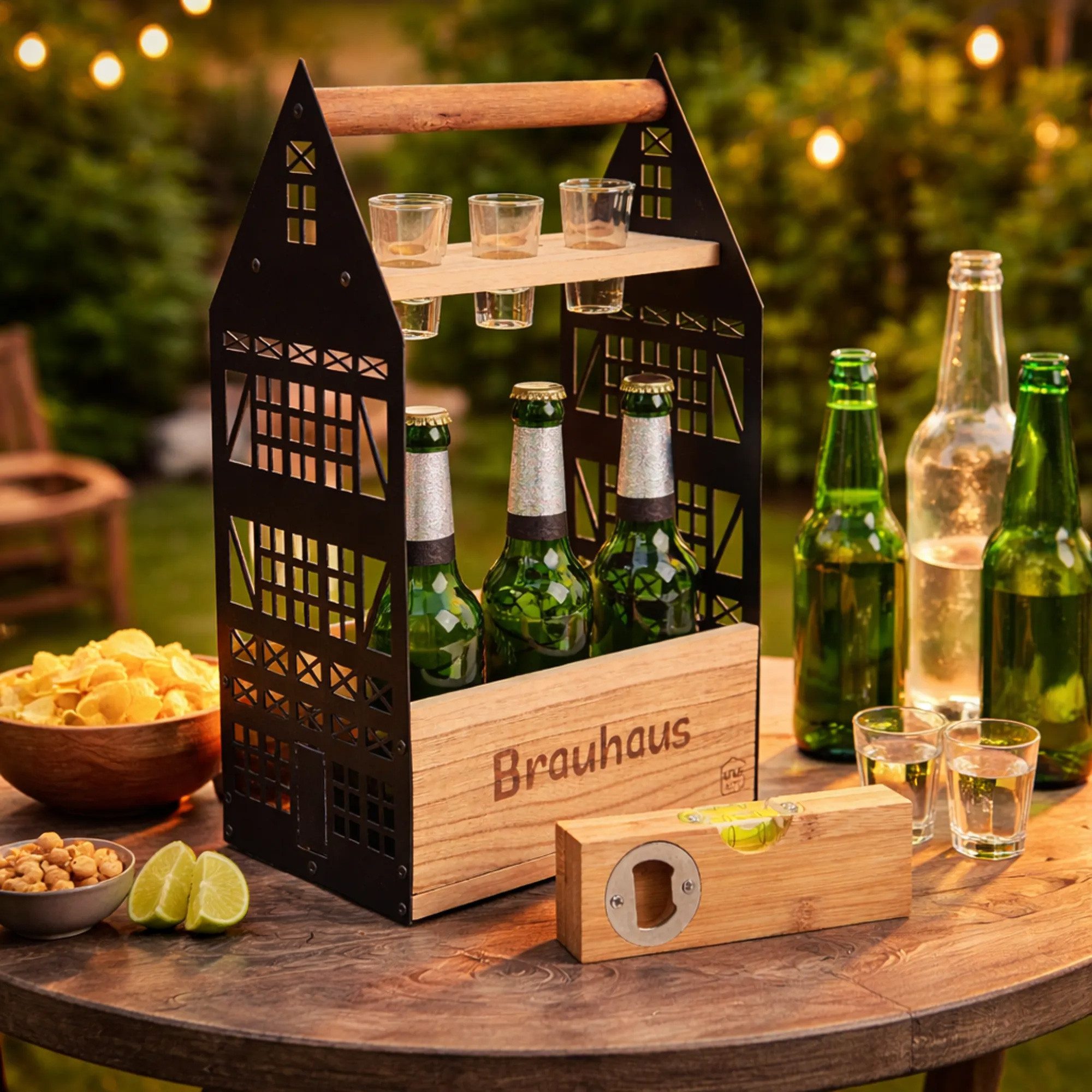 UNUS HOME Flaschenhalter Bierflaschenhalter Bierhalter Brauhaus für 6 Flaschen, (Geschenkidee für Männer), Getränkehalter inkl. Schnapsglashalter und Wasserwaage