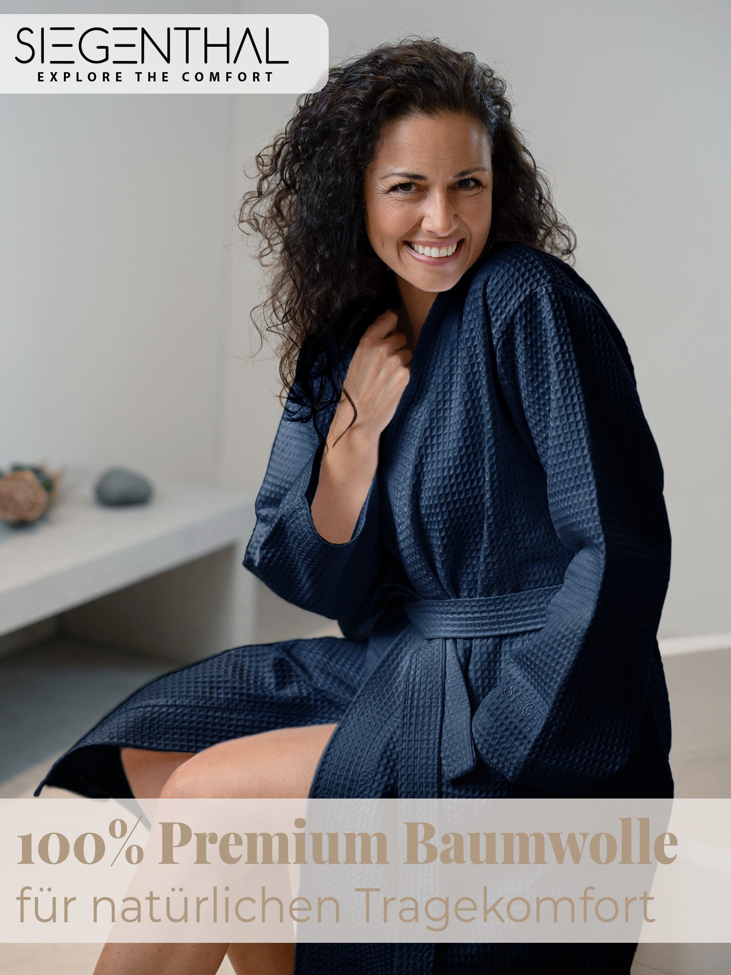 SIEGENTHAL Morgenmantel SIEGENTHAL® Damen Bademantel Waffelpique 100% Baumwolle Schalkragen, Schalkragen, elegante Gürtel, saugfähige Baumwolle, pflegeleicht und langlebig, praktische Taschen