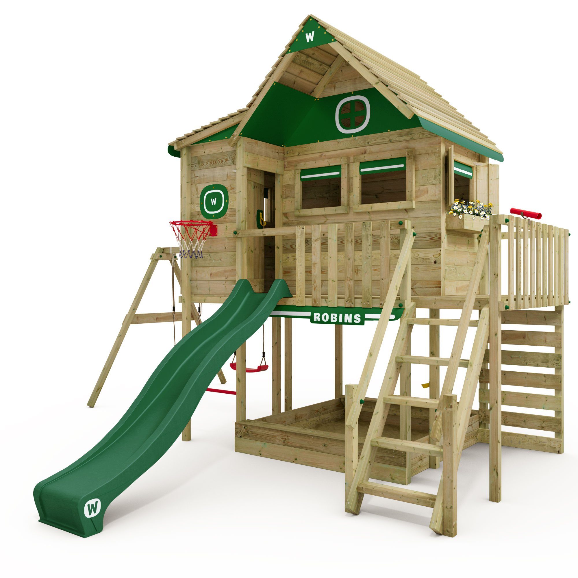 Wickey Klettergerüst Stelzenhaus Smart GreenHouse mit Schaukel & Rutsche, 10-Jahre Garantie*, Großes Spielhaus, Massive Treppe mit Handlauf grün