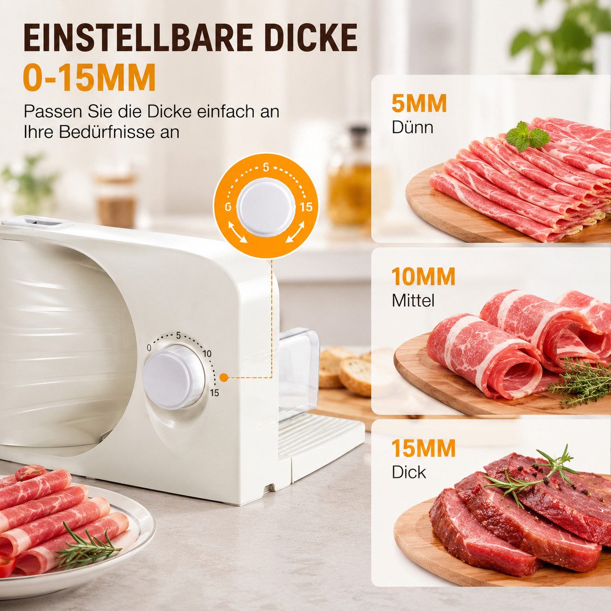 ibettertec Allesschneider Elektrischer Allesschneider, 250 W, Verstellbare Küchenmaschine 0 bis 15mm, 2 Klingen, Geeignet für Küche – Bild 4 von 5