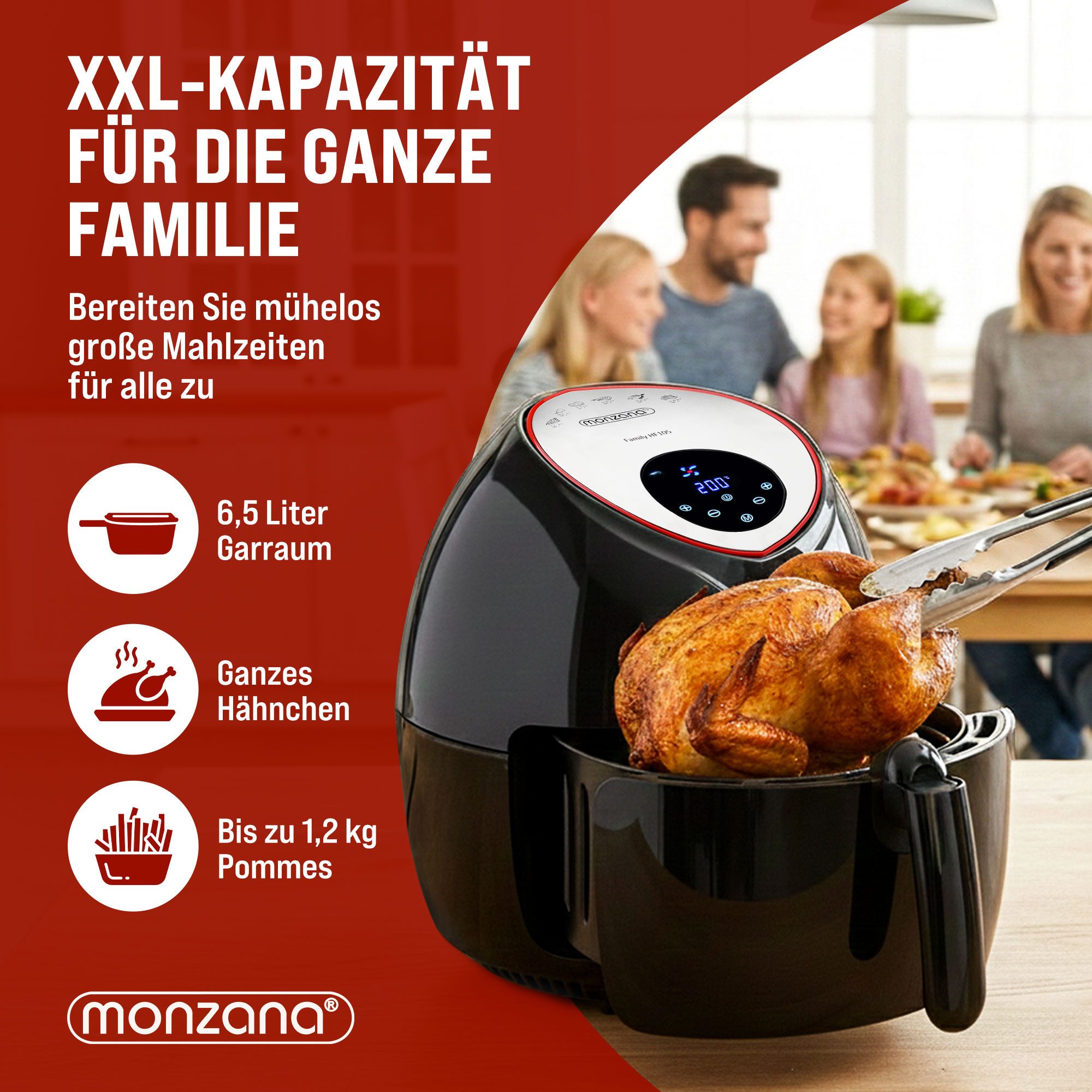 monzana Heißluftfritteuse, 1800 W, 5L XXL Digitales LED Touch-Display Schwarz