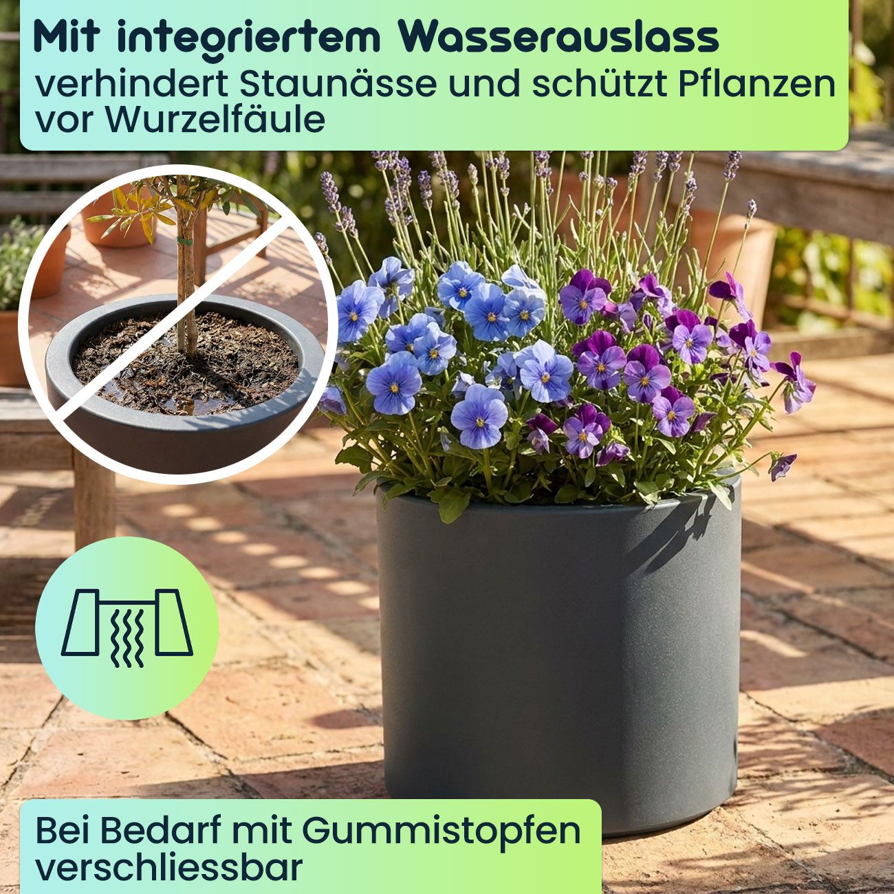 Prosperplast Blumentopf Pflanzkübel Anthrazit Ø38cm, 19L Blumentopf Kunststoff frostsicher (1 St), Runder 19L Kunststoff-Blumentopf UV-Schutz & Wasserauslass für außen