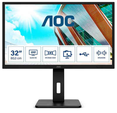 AOC 81,3cm (31,5) Q32P2 16:09 2xHDMI+DP+USB IPS TFT-Monitor (2560 x 1440 px, 2K Ultra HD, 4 ms Reaktionszeit, 75 Hz, IPS, Eingebautes Mikrofon, Lautsprecher, Kopfhörerbuchse, Höhenverstellbar)
