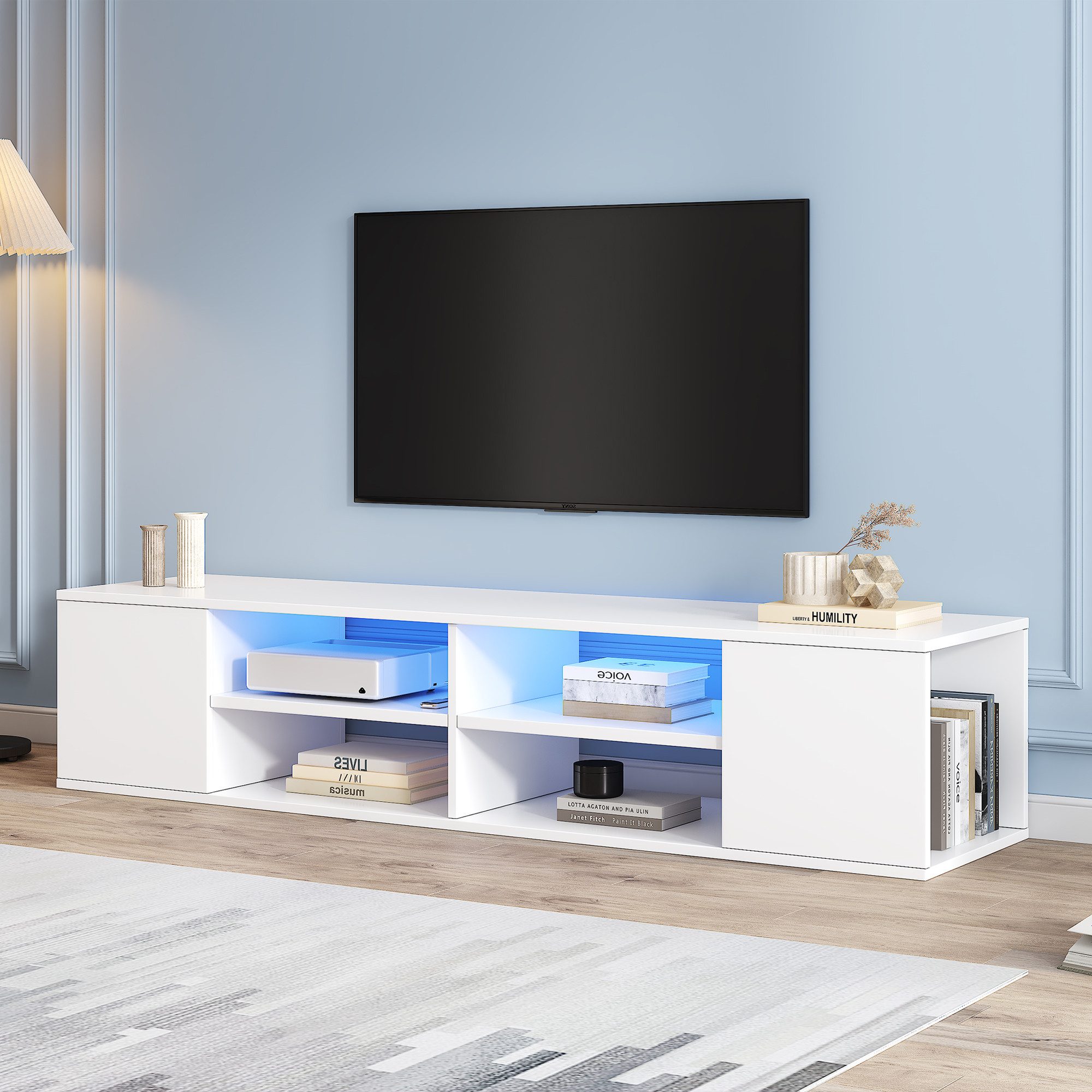 HAUSS SPLOE TV-Schrank 140 cm mit LED-Beleuchtung, stehend und hängend TV lowboard weiß