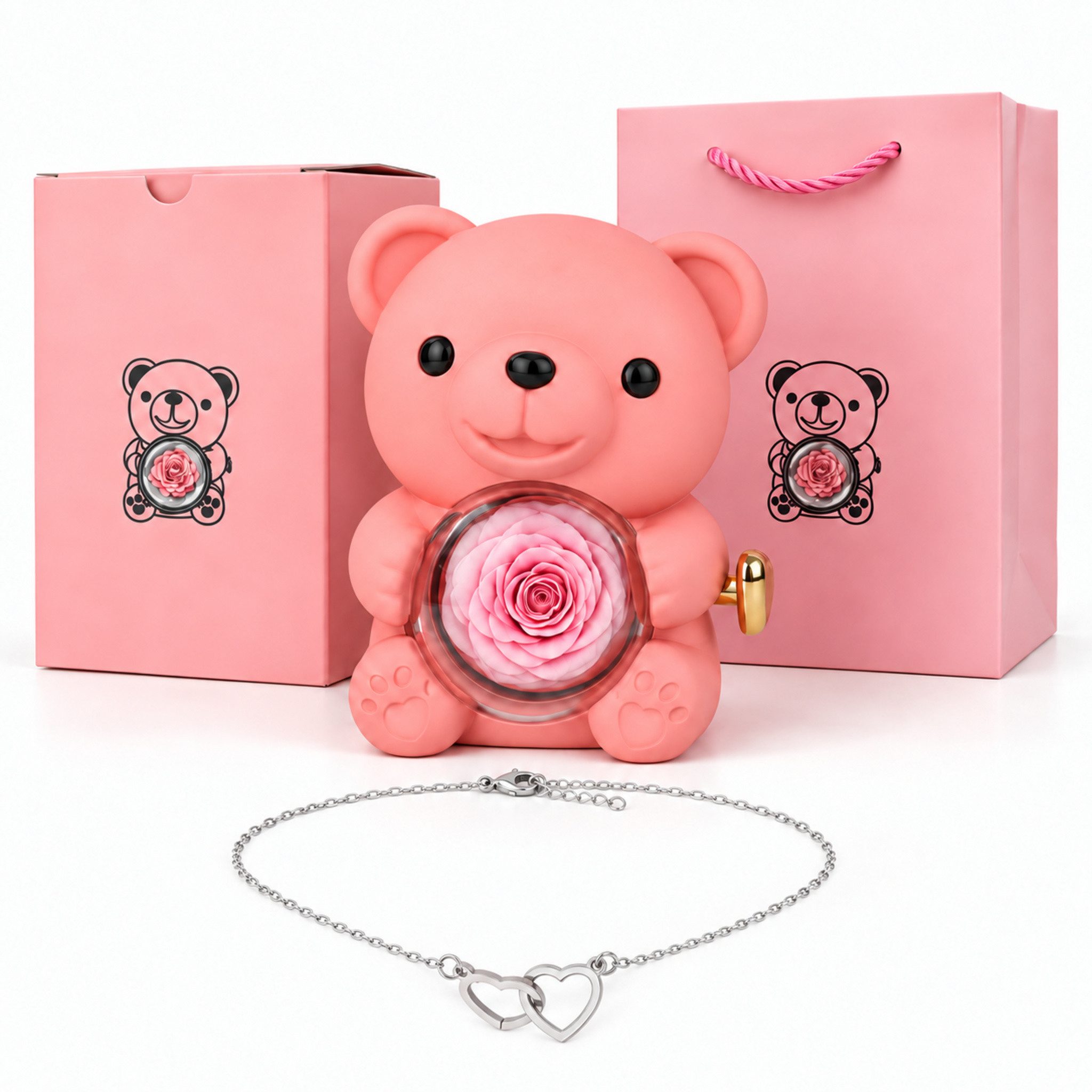 Kunstblume Ewige Rose Valentinstagsgeschenk, Rosenbär, Halskette mit Verpackung, Norvéa Home, Umfangreiches Geschenkset mit einer Halskette & ewigen Rose