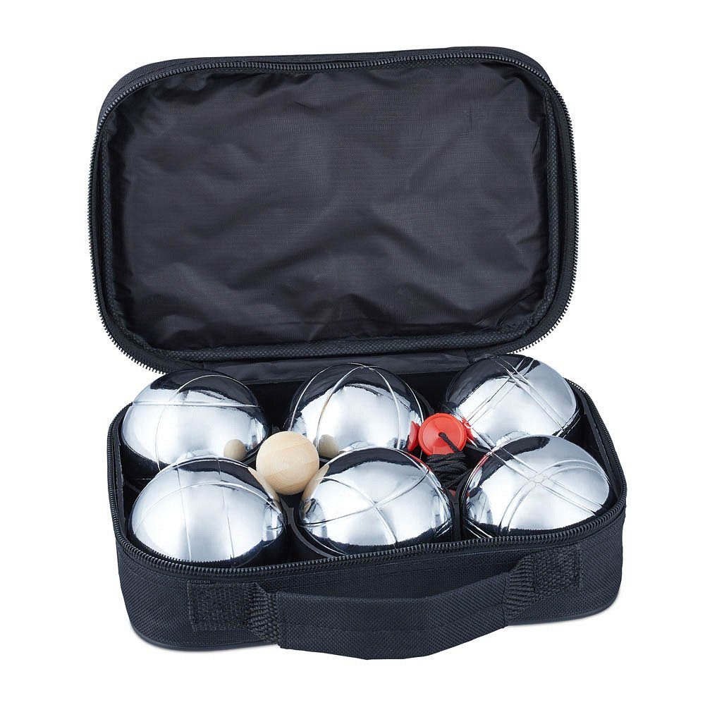relaxdays Spiel Boccia Boule Set Metall 3 Linienmuster silber