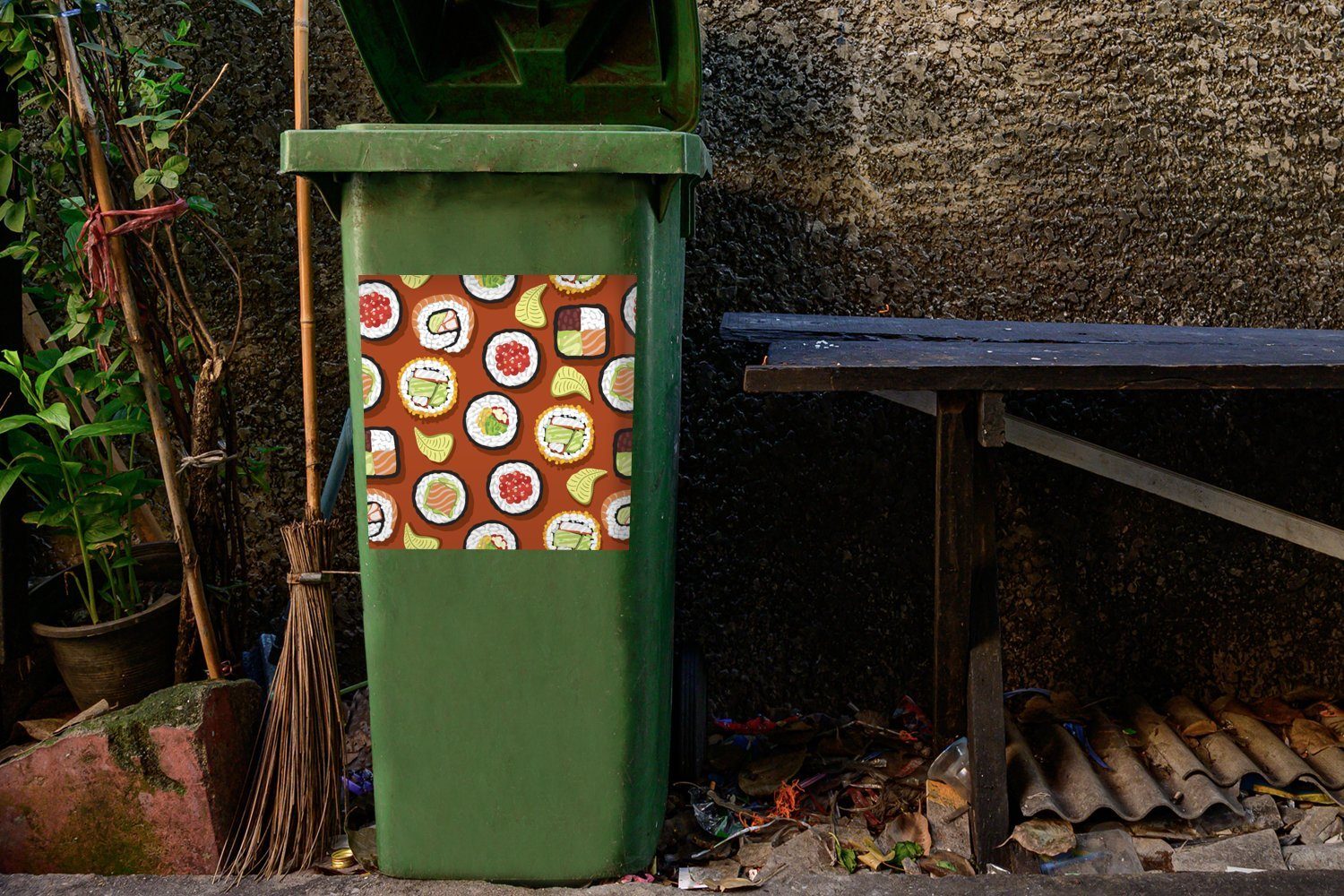MuchoWow Wandsticker Sushi-Illustration Mülleimer-aufkleber, Container, Mülltonne, Sticker, St), (1 braunem Abfalbehälter Hintergrund auf