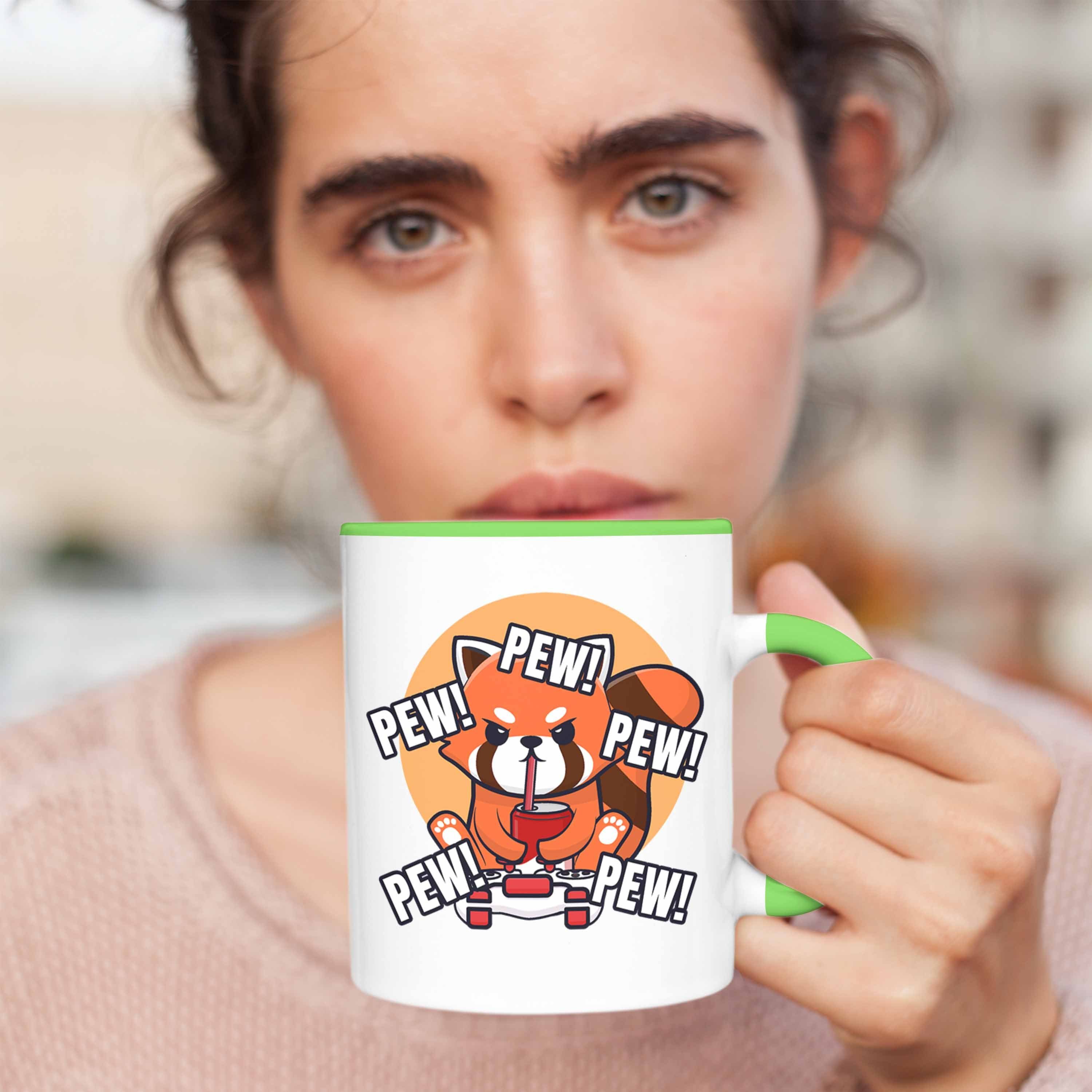 Trendation Tasse Trendation - Tasse Lustige für Panda Pew Grafik Jungen Mädchen Grün Kinder Gaming Geschenkidee Jungs Gamer