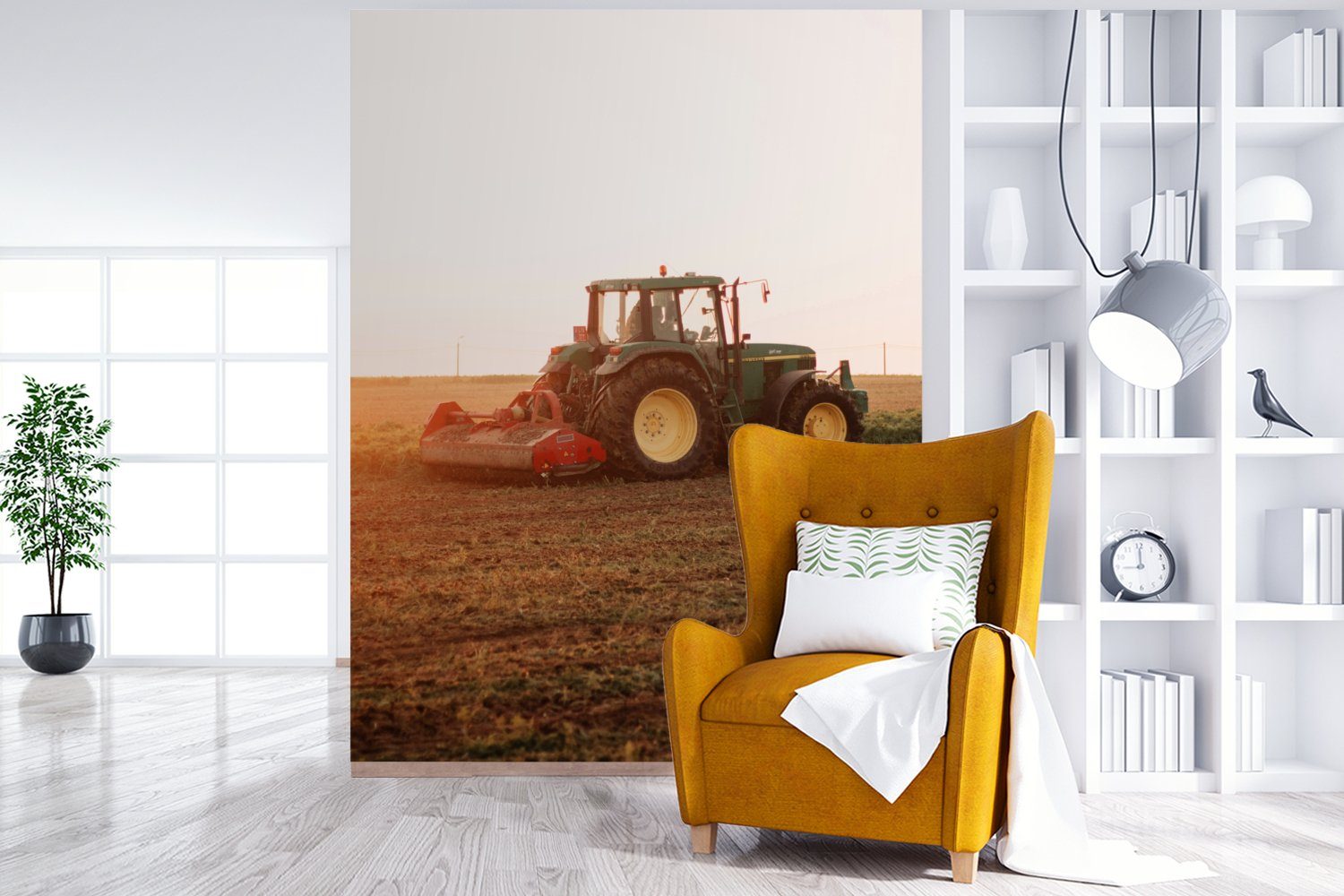 MuchoWow Fototapete Wandtapete - - Tapete (4 Traktor Wohnzimmer, - Vinyl Matt, - bedruckt, Montagefertig Feld St), Horizont, Landwirt Bauernhof für