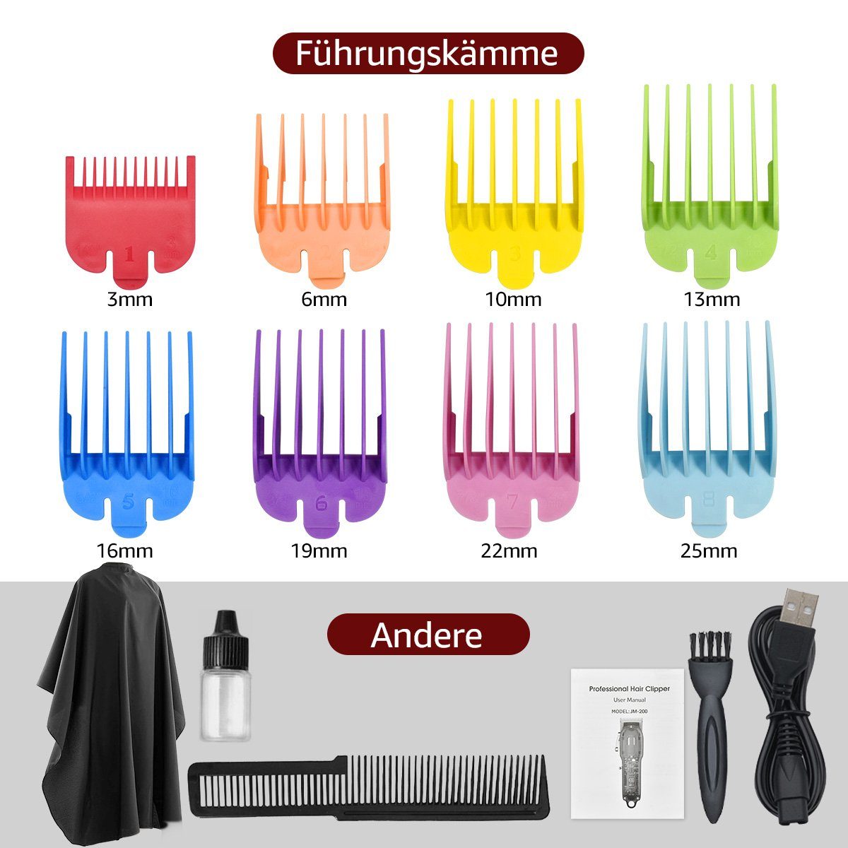 mit Haarschneider Multifunktionale Schal Schwarz Wasserdicht, 7Magic 8 Transparente IP65 Trimmer Kamm haarschneidemaschinen, Professionelle und JM200A Herren Bartschneider