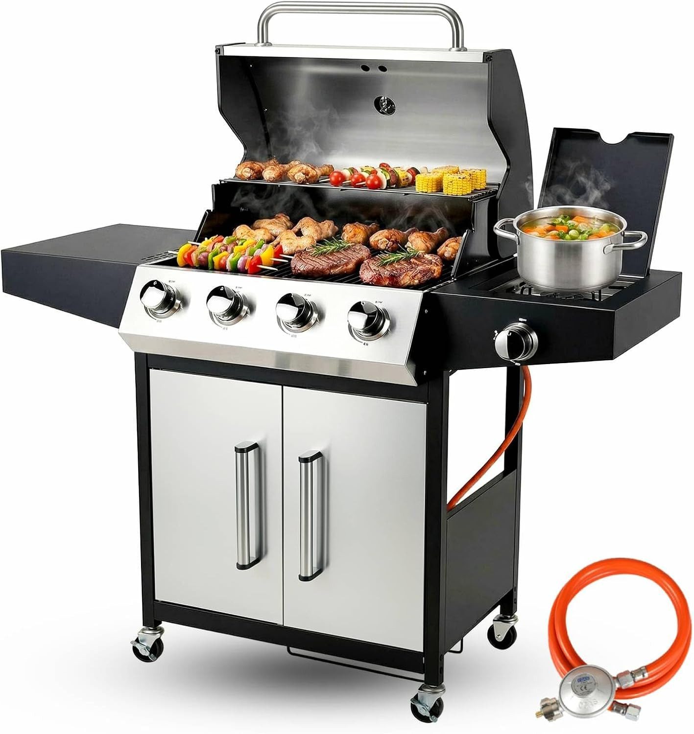 TLGREEN Gasgrill 4+1 Brenner,15 kw Gas Grillwagen BBQ mit Seitenkochfeld, Standgrill DE I3B/P(50) Gasdruckregler, Grillküche Camping Garten(Butan/Propan)