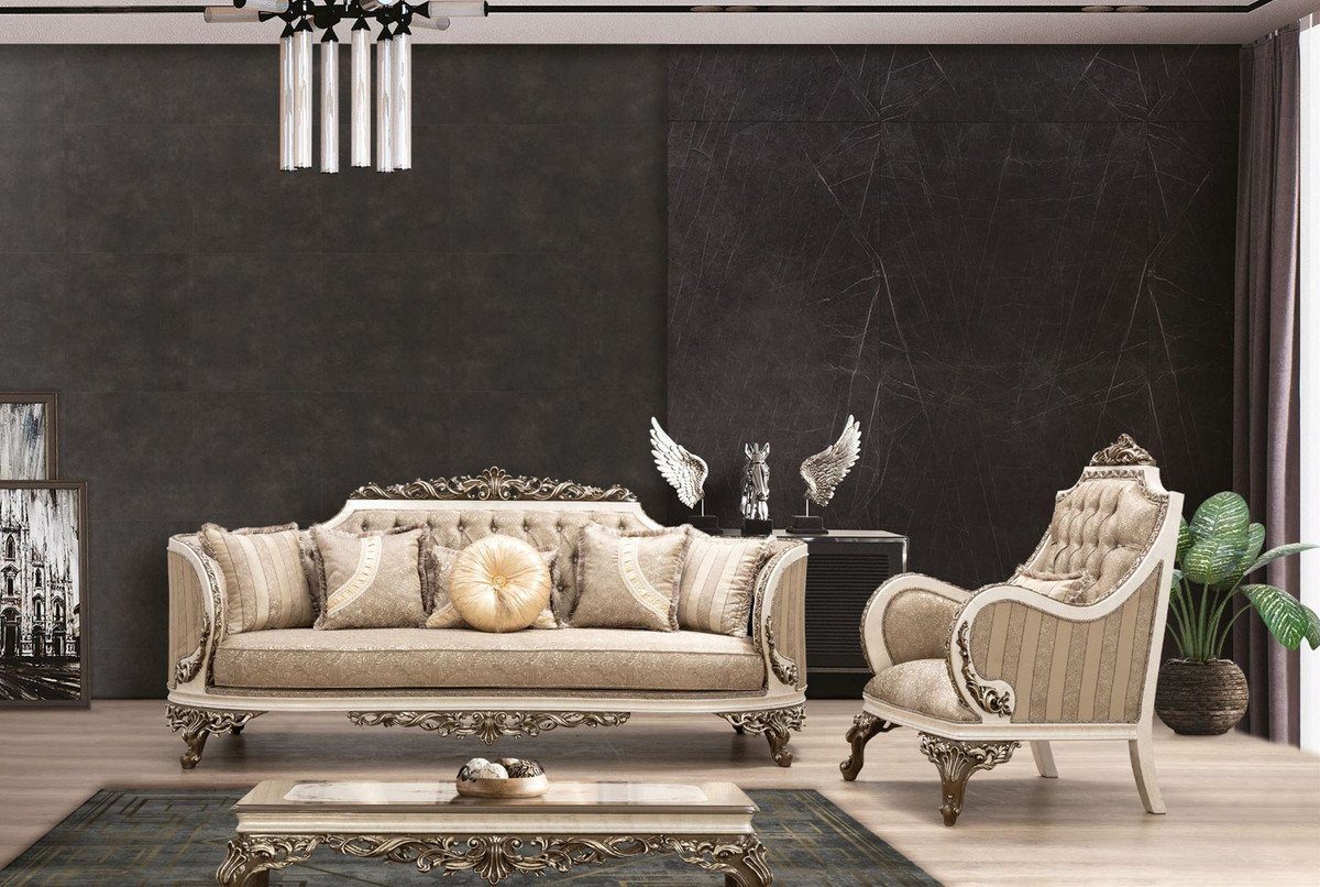 Luxus Beige Casa Braun Möbel Cremefarben / Padrino Barock Sessel elegantem / Gold Wohnzimmer - Barock - mit Wohnzimmer Prunkvoller Sessel Muster Sessel /