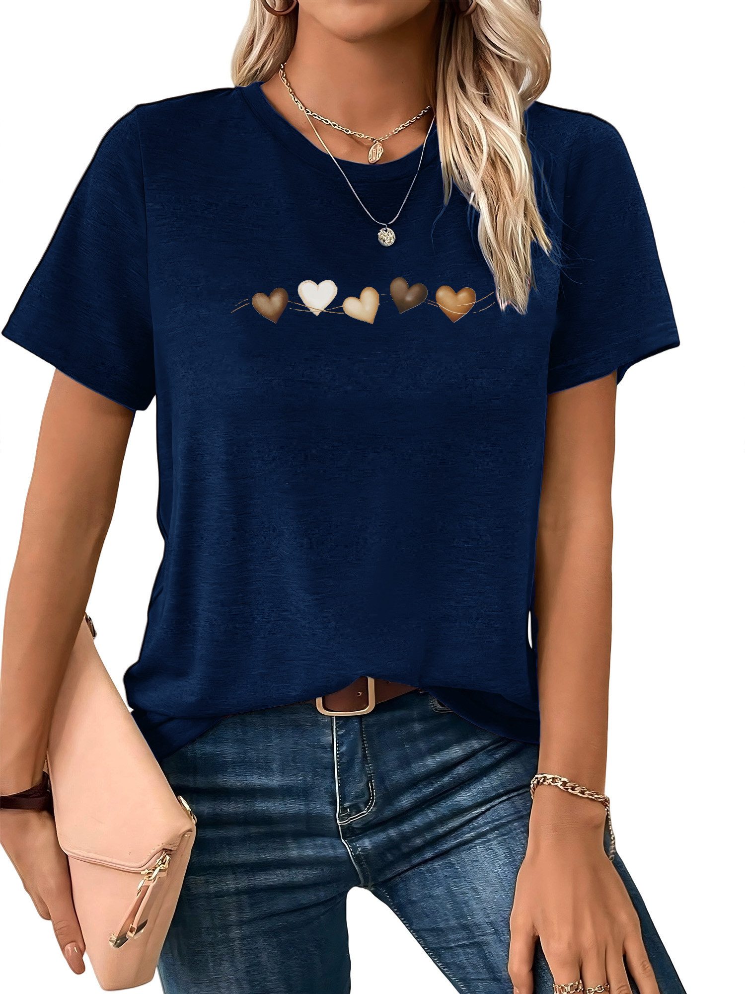 PYLIKE Kurzarmshirt Damen bequemes Sommer Kurzarmbluse Locker Liebe Print-Shirt Bequem für Freizeit und Büro,Strandurlaub