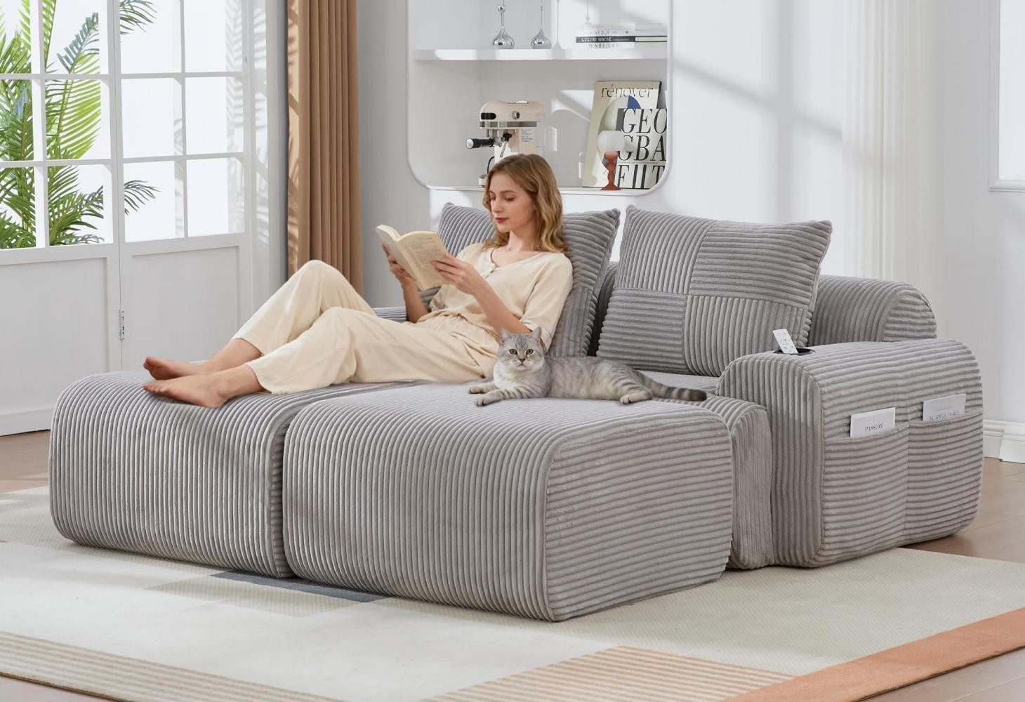 LVHOM Wohnlandschaft 2er-/3er-/4er-/5er-/6er- Ecksofa/Modulsofa/Loungesofa, Mehrere Stile, Zweisitzer, Getränkehalter, Seitentaschen, großen Rückenkissen und modularem Design, hochwertig gepolstert, Cordstoff, Platzsparend, bis 300 kg belastbar, ohne