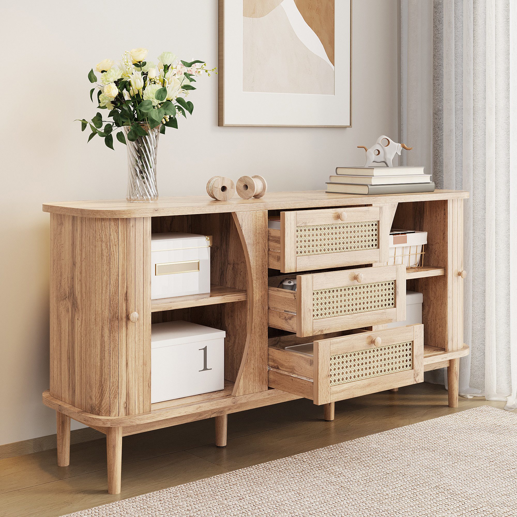 Gdood Sideboard Schrank kommode Kredenz Rattan Küchenschrank (1 St), Moderne 140.5cm breite, Rattan Schubladenfronten, Zwei Türen