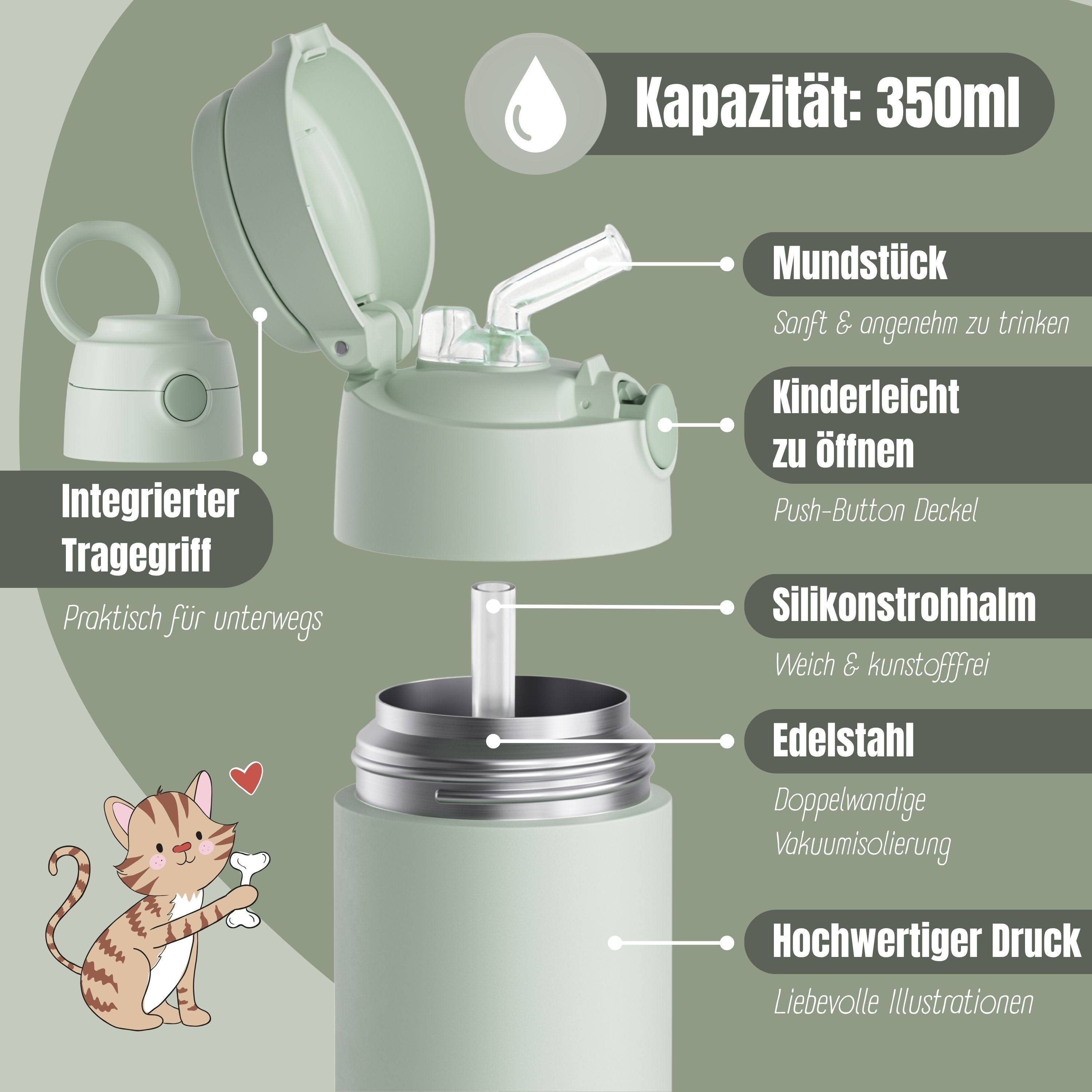 BEARFOOT Trinkflasche Thermo Kinder Trinkflasche Edelstahl - grün, Thermosflasche, auslaufsicher, Edelstahl, Kinderflasche, BPA-frei – Bild 4 von 5