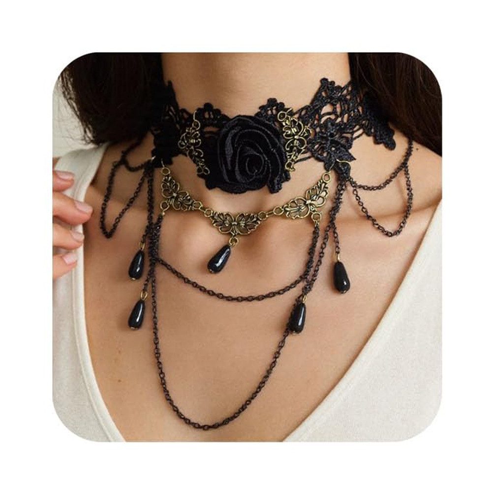 Coonoor Textilband Gothic Choker für Damen, Halloween Kostüm Schmuck (1-tlg), mit Kristallen und Spitze, für Hexen, Vampire und Gothic Fans
