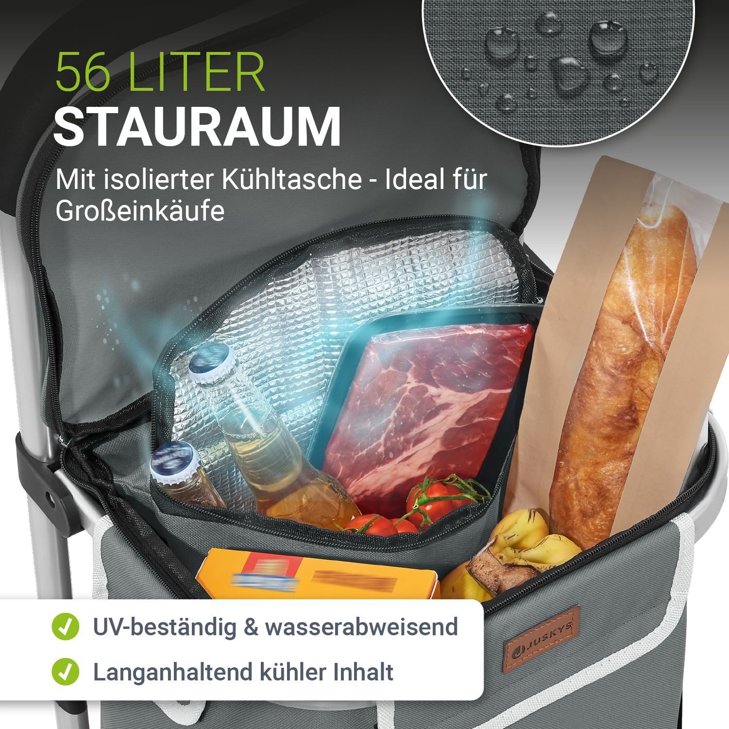Juskys Einkaufstrolley 3in1, 56 l, mit Treppensteiger (6 Rollen), klappbar und modern, mit Kühlfach