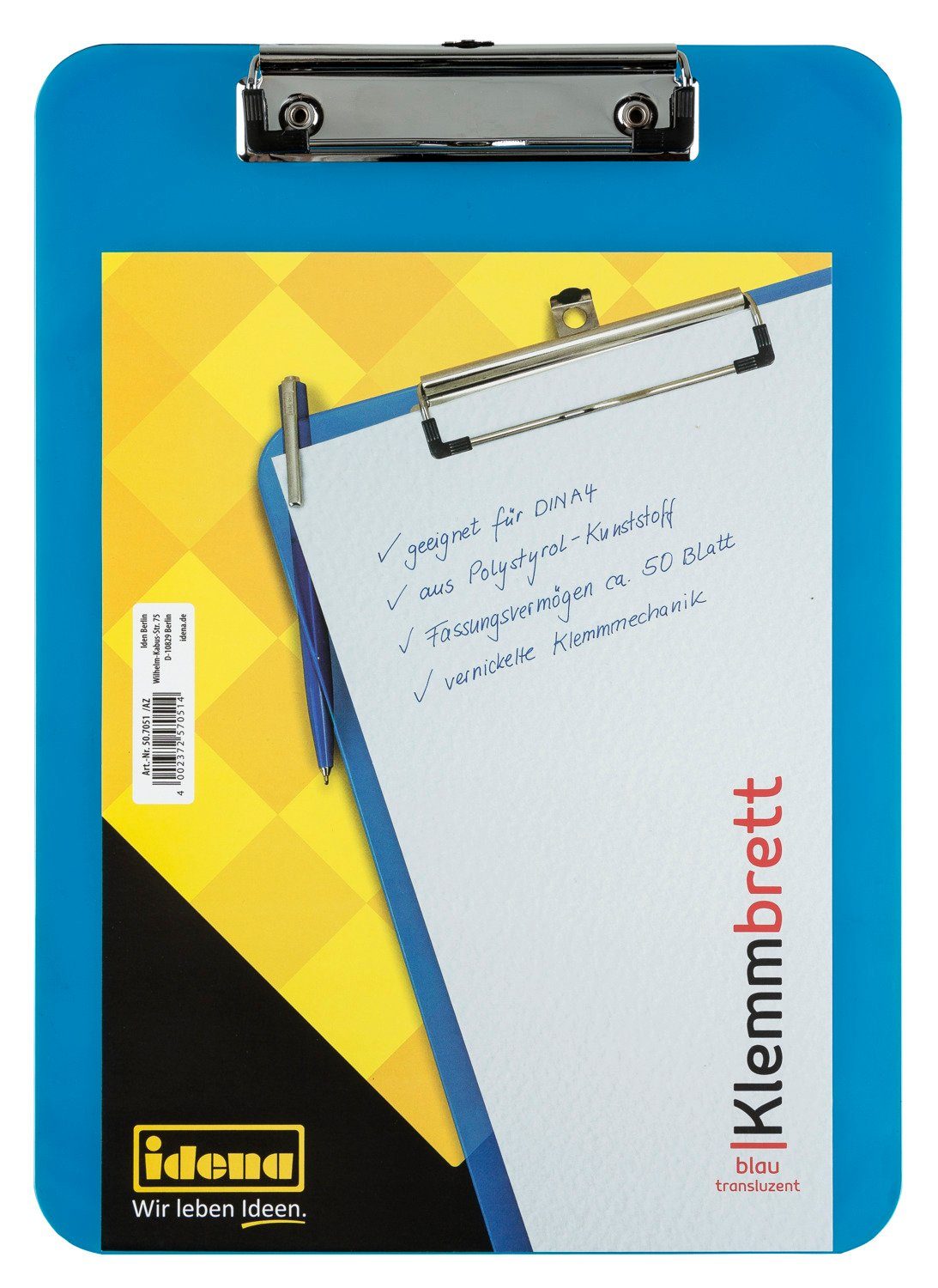 Klemmtafel Idena 507051 - Klemmbrett für DIN A4 vernickelte Klemmmechanik, transl