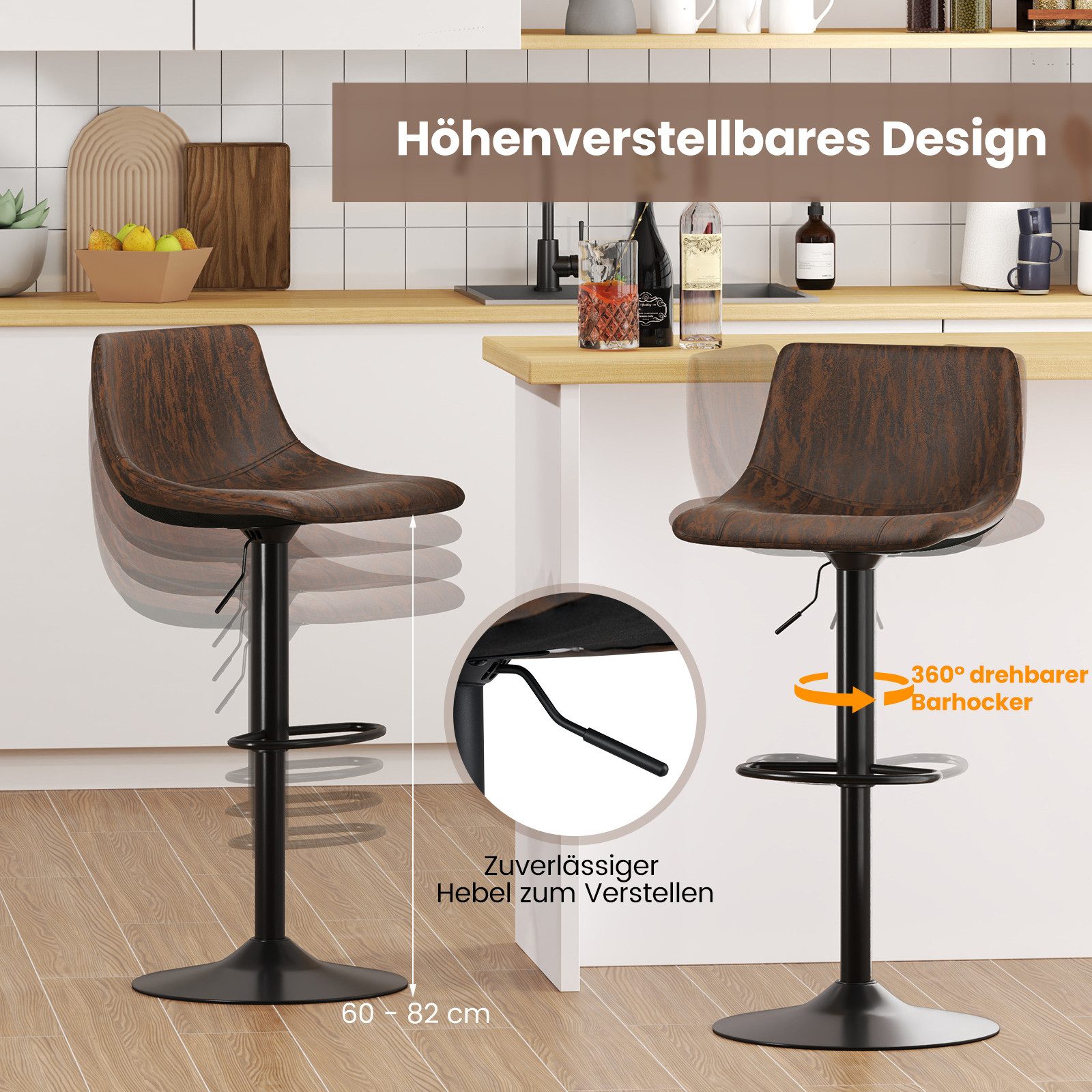 COSTWAY Barhocker (2er Se), höhenverstellbare Sitzhöhe 60-82cm, drehbar, mit Fußstütze