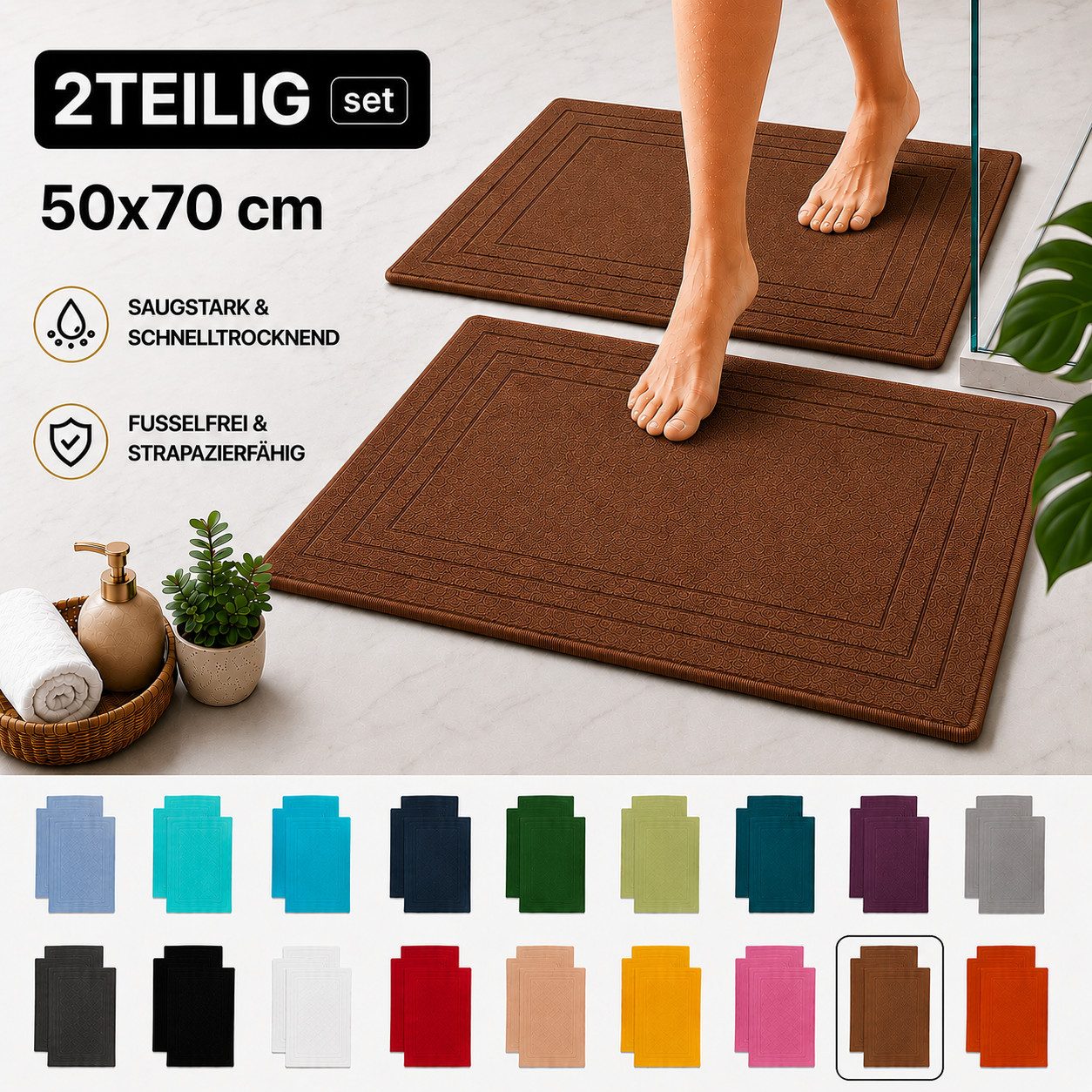 Komfortec Badematte 2er Badetuch Set aus 100% Baumwolle 50x70 cm Extra Weich & Saugstark, Rechteckig, 600 g/m² – Bild 4 von 5