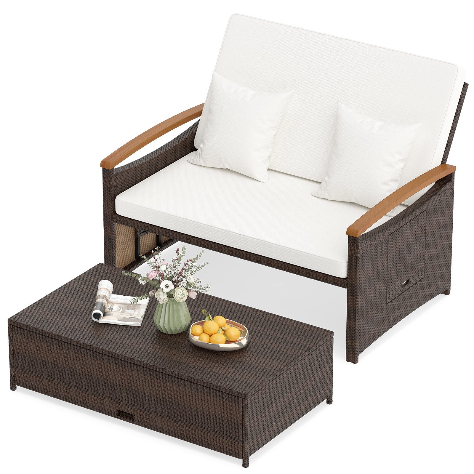 COSTWAY Loungebett, outdoor, Rattan, 2-Personen, Gartenliege mit verstellbarer Rückenlehne