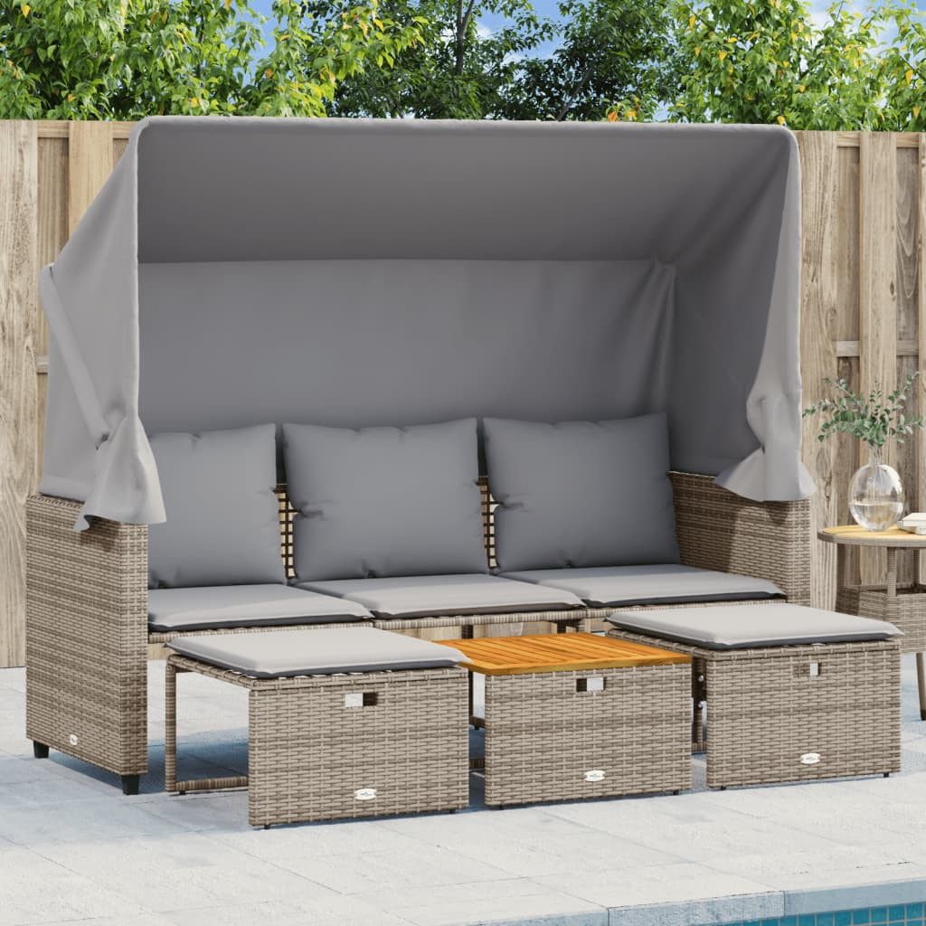 vidaXL Loungesofa Outdoor-Sofa 3-Sitzer mit Dach und Hockern Grau Poly Rattan, 1 Teile