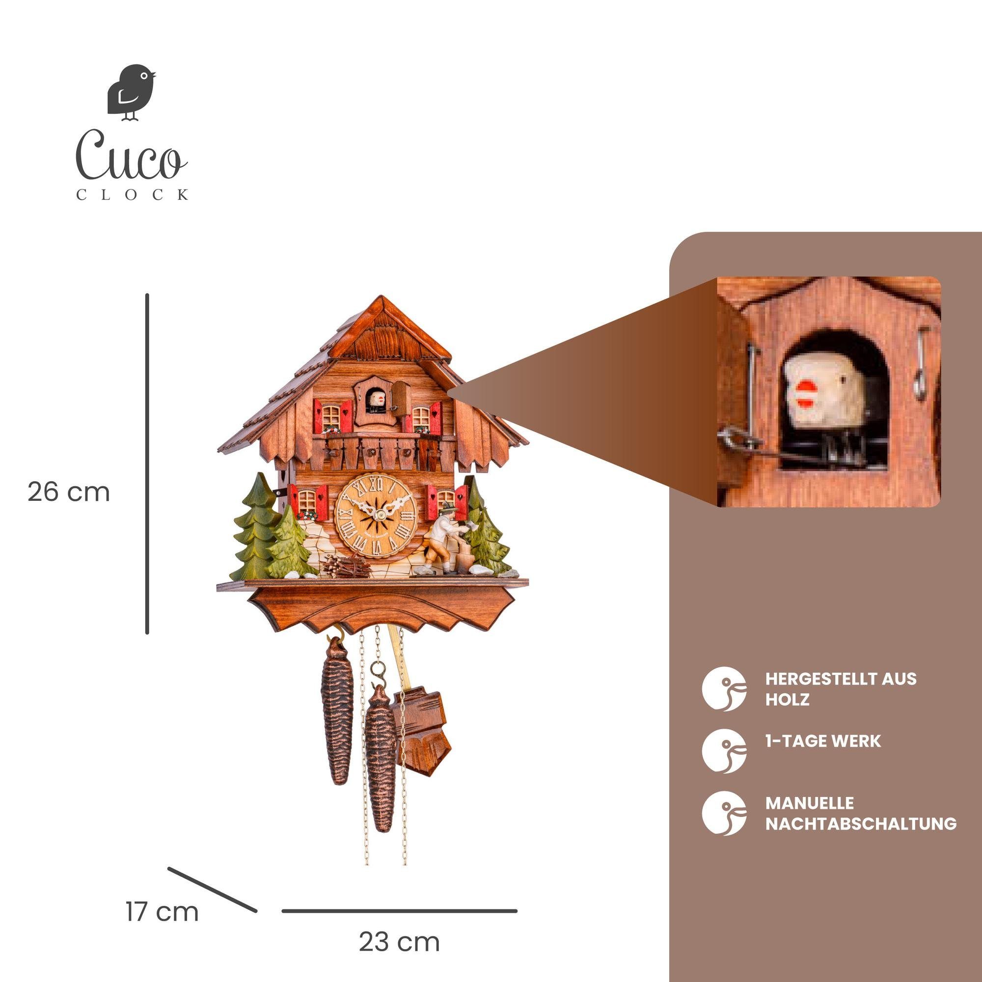 Cuco Clock Pendelwanduhr Kuckucksuhr Schwarzwalduhr "Der Holzhacker" Wanduhr aus Holz (17 x 23 x 26cm, 1 - Tage Werk, manuelle Nachtabschaltung)