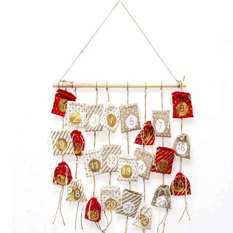 Home-trends24.de Adventskranz Adventskalender Hängend Weihnachtsdeko zum Befüllen Rot Beige Gold