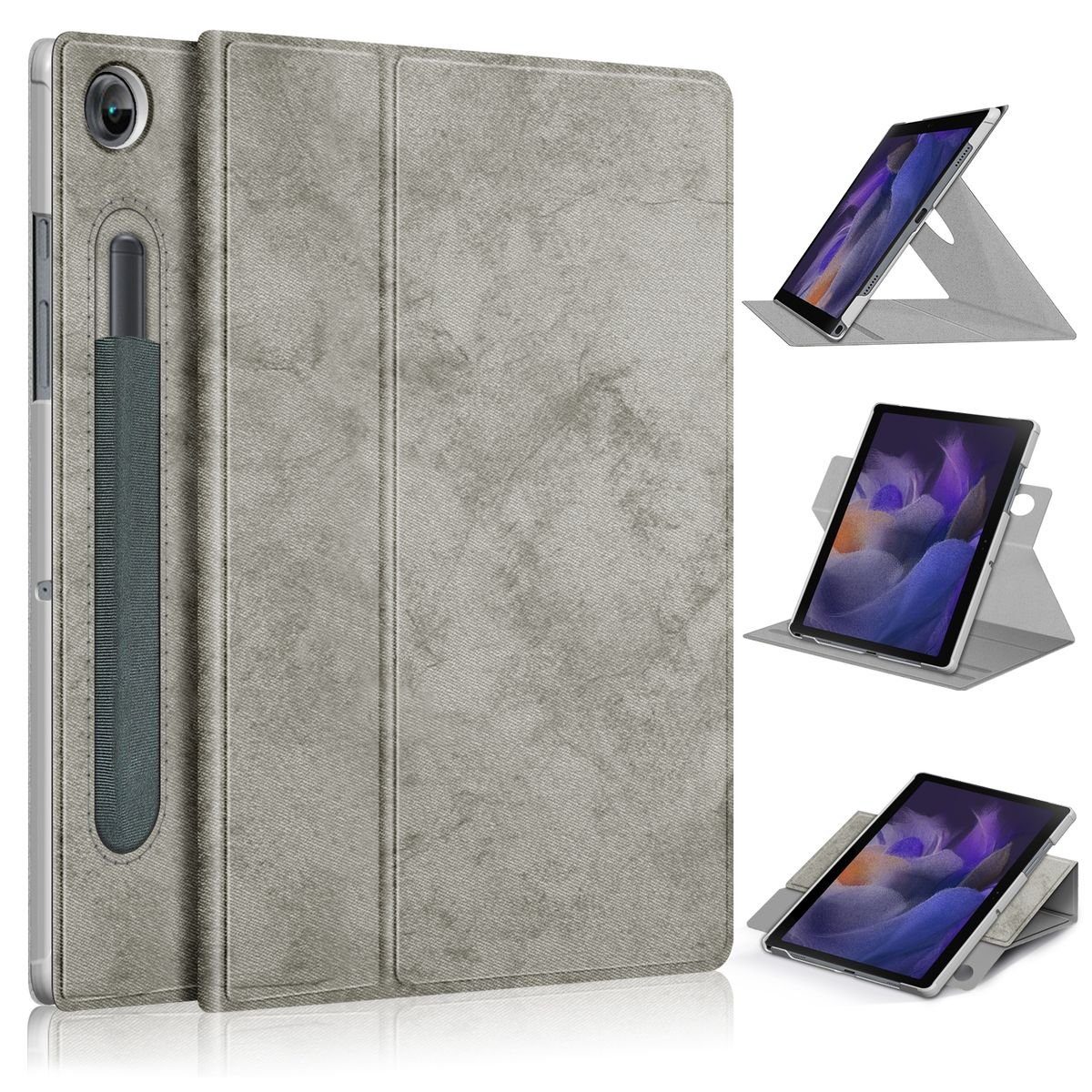 Wigento Tablet-Hülle Für Samsung Galaxy Tab A8 2021 10.5 Zoll SM-X200 360 Grad Rotation + Stift Halterung Tablet Tasche Hülle Case Cover Etui Schutz Grau Neu
