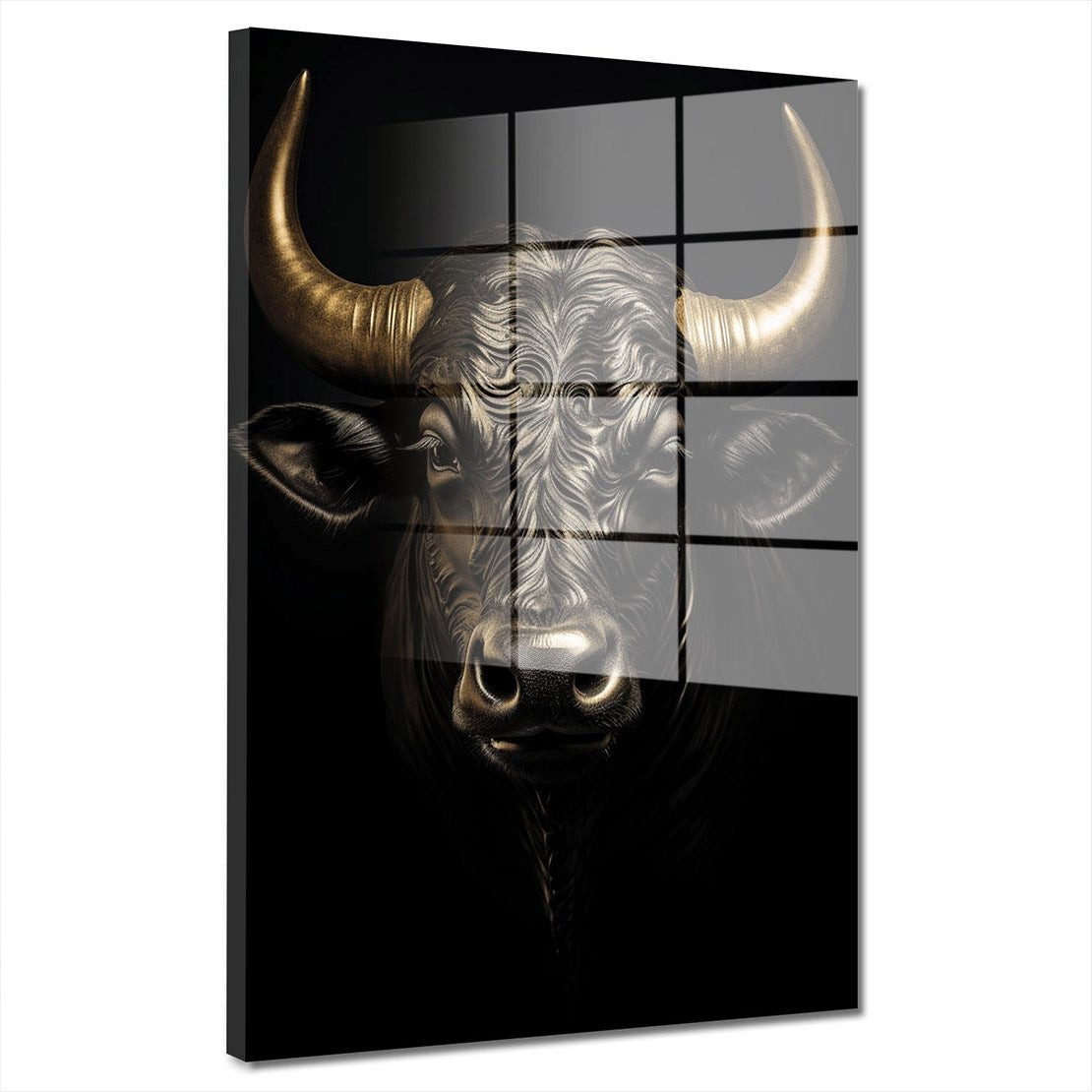 Artedinoi Acrylglasbild Stier Acrylglasbild Wandbild Schwarz Modern Tier Bulle Elegant XXL, Stier vor dunklem Hintergrund als Symbol für Stärke.