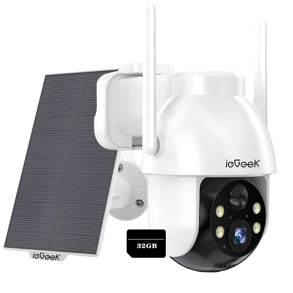 ieGeek Überwachungskamera Überwachungskamera Aussen Akku 2K Kamera Überwachung Aussen Solar (Aussen, Außenbereich, Outdoor, 360° WLAN Kamera Outdoor Kabellose Aussenkamera, 1-tlg., mit Farbige Nachtsicht und PIR Bewegungsmelder, 4-fachen Digitalzoom,3 Alarmmodi,4 Bildschirme gleichzeitig anzeigen)